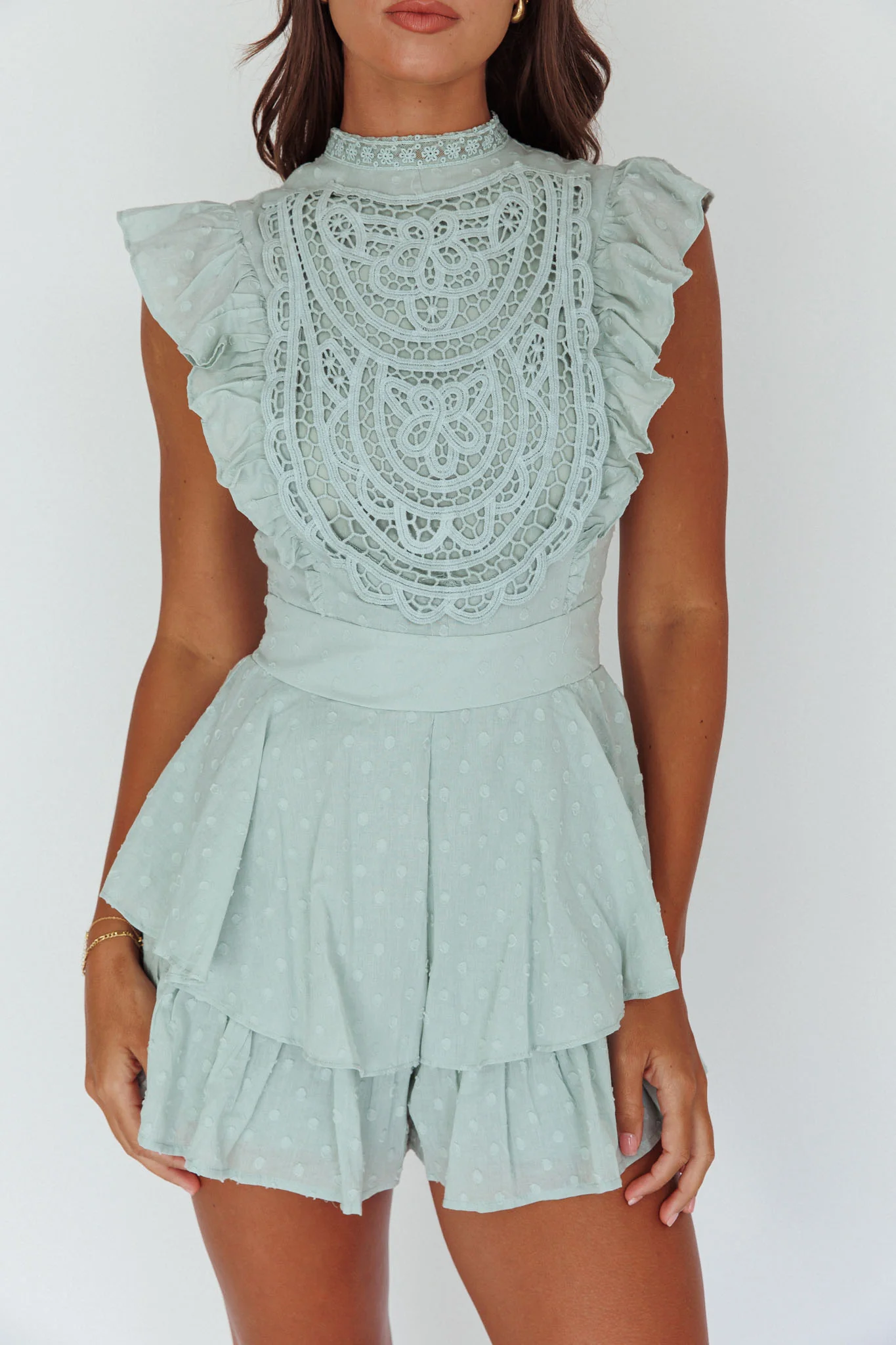 Nellie Lace Bust High Neck Romper Sage - Image 4