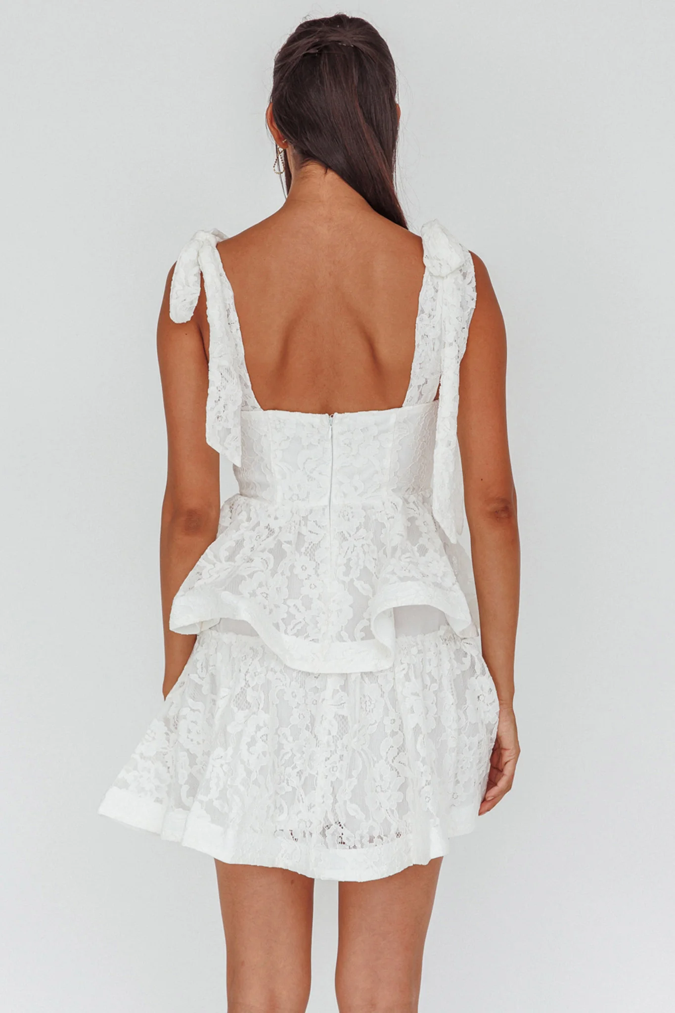 Neriah Tied Shoulder Tiered Lace Mini Dress White - Image 2