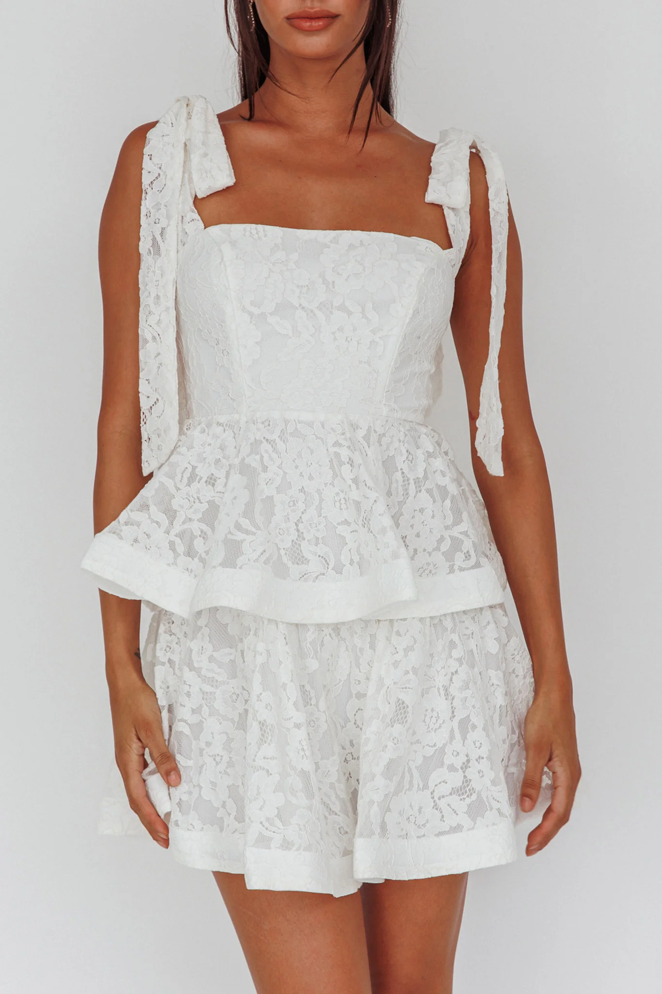 Neriah Tied Shoulder Tiered Lace Mini Dress White - Image 4