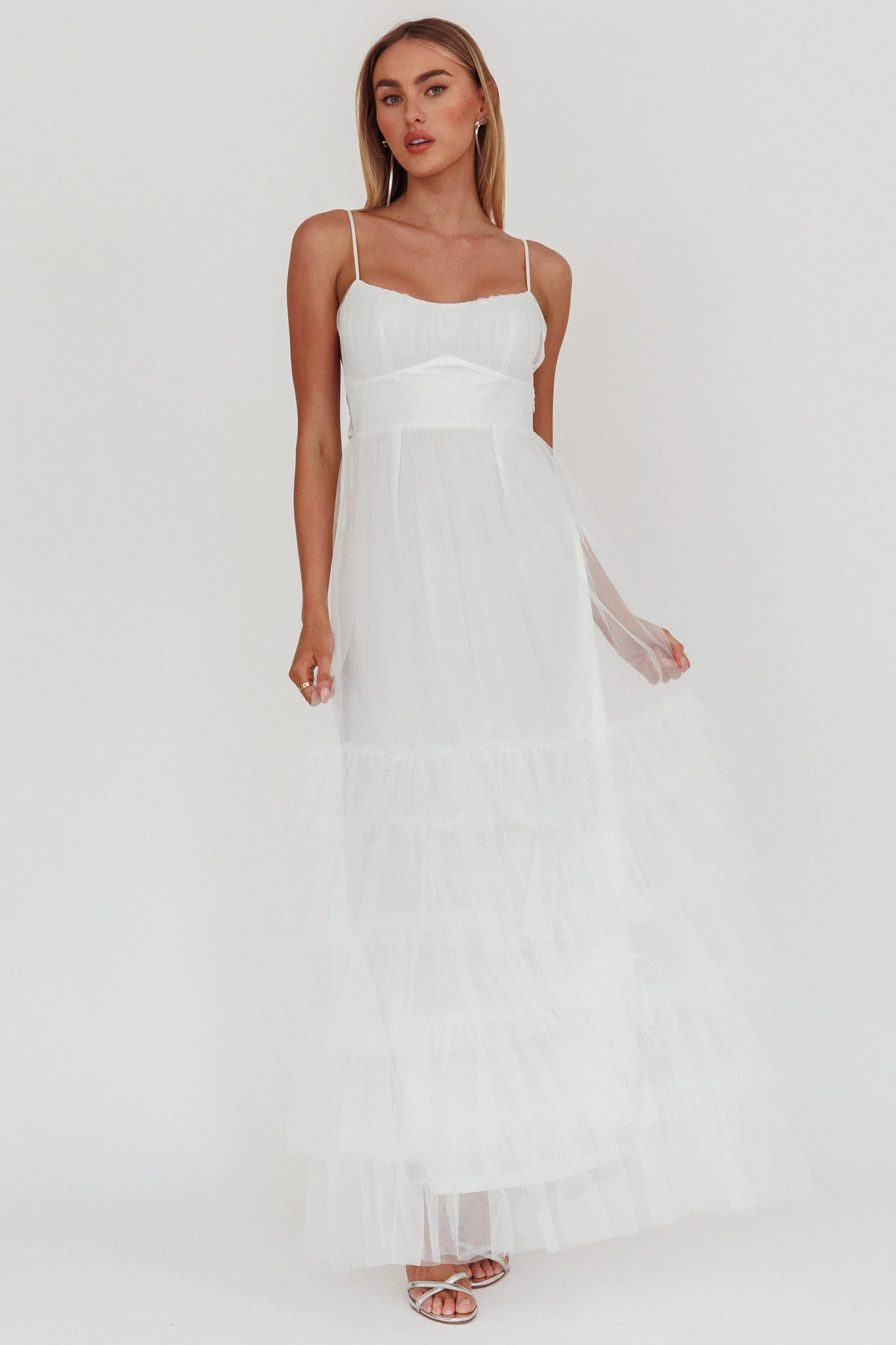 Nerida Twist Back Frill Trim Mesh Maxi Dress White - Image 11