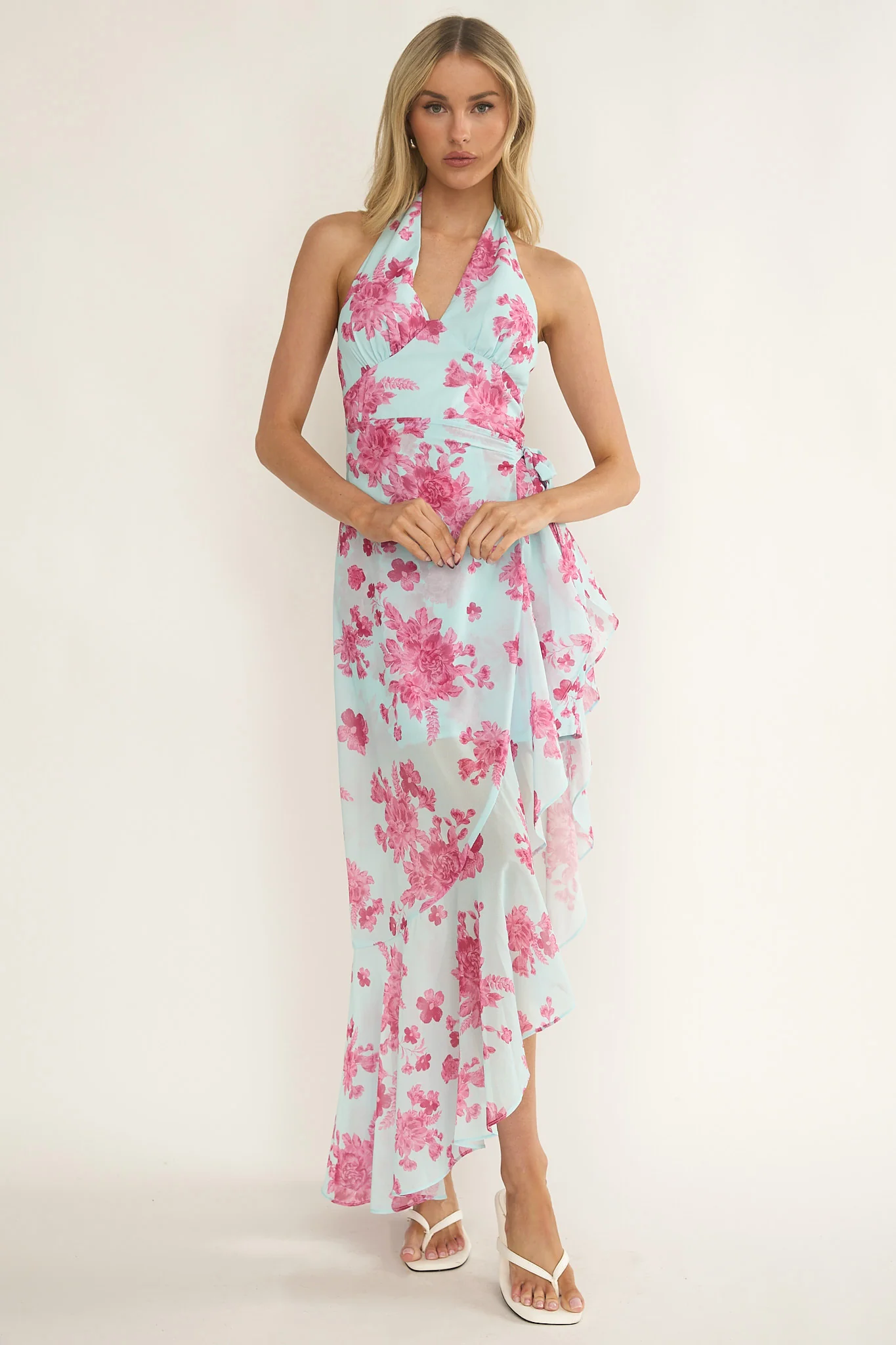 Nerida Waist Tie Asymmetric Dress Floral Ice Blue - Image 5
