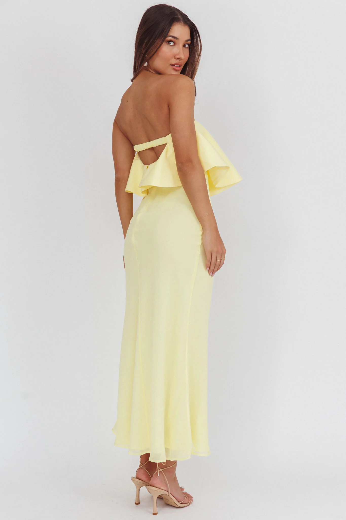 Nerina Strapless Ruffle Neckline Maxi Dress Panna Cotta - Image 2