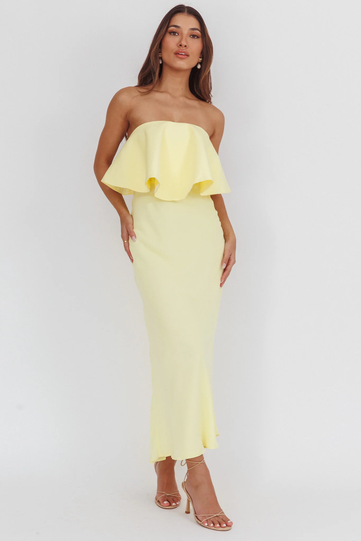 Nerina Strapless Ruffle Neckline Maxi Dress Panna Cotta - Image 4