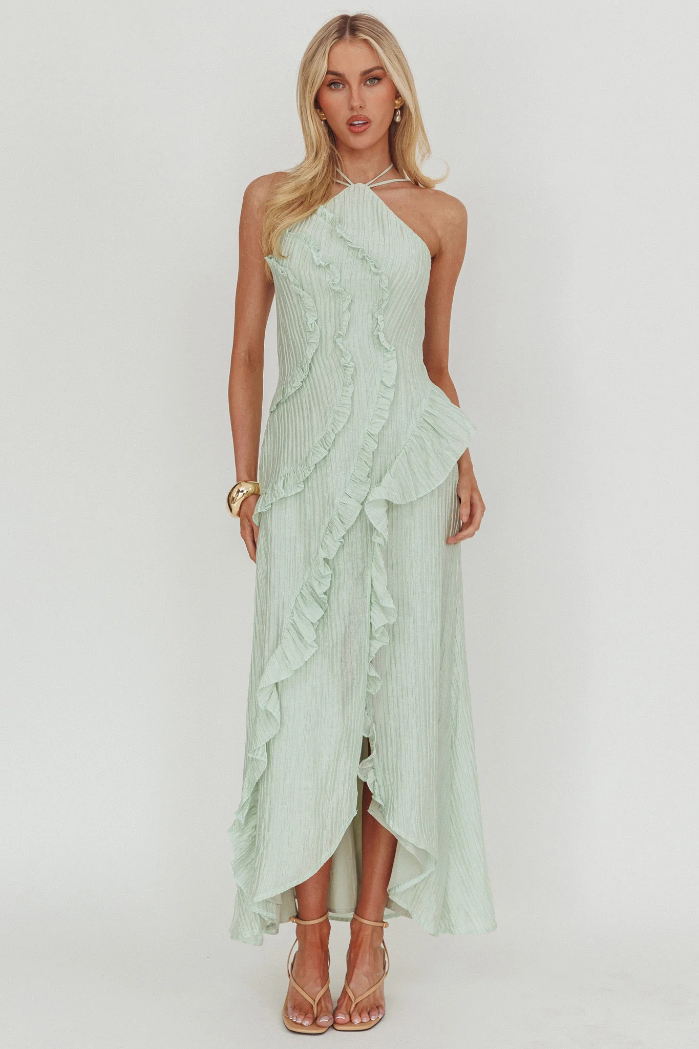 Nerisse Textured Frill Halter Maxi Dress Sage - Image 4