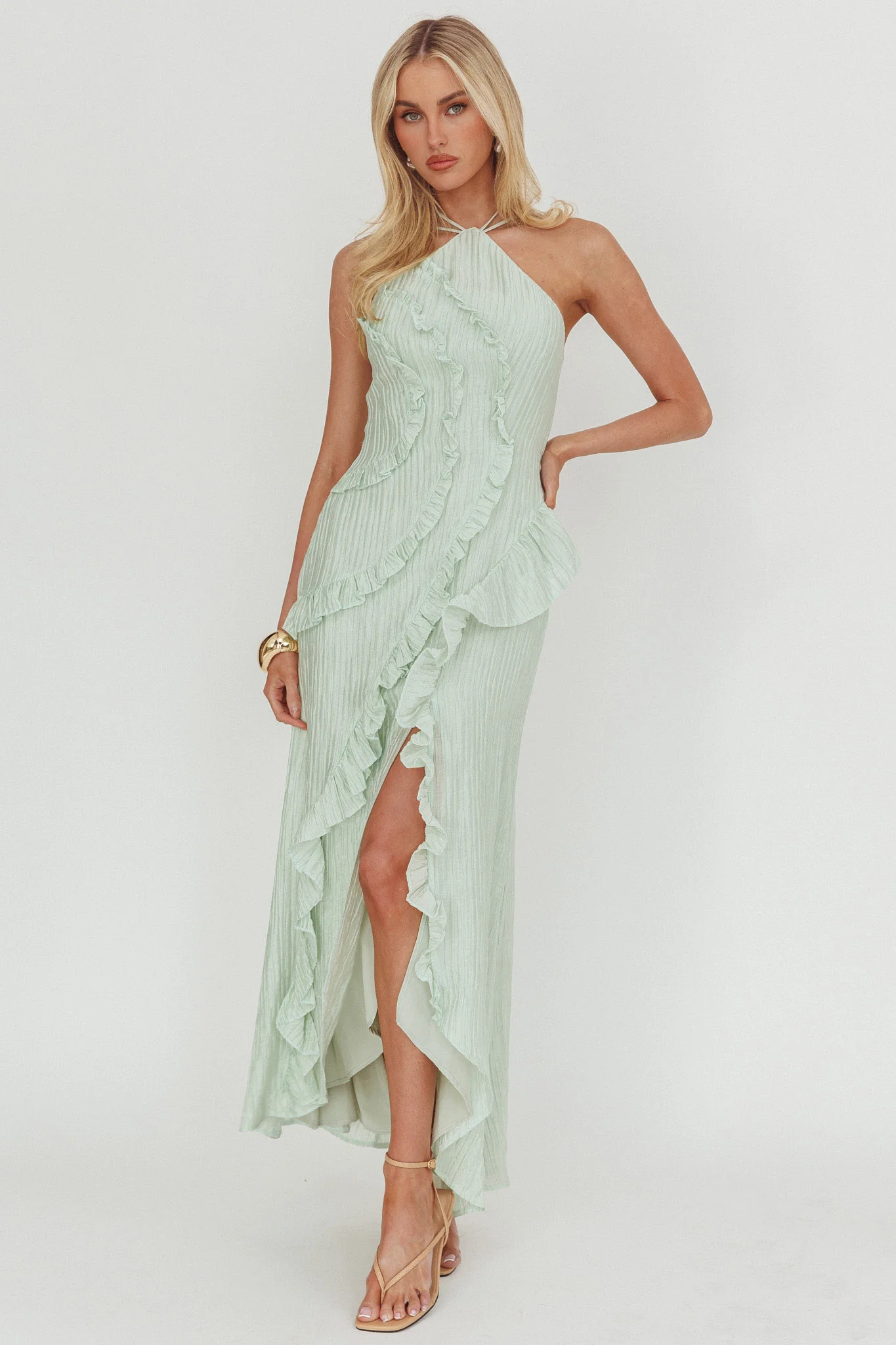 Nerisse Textured Frill Halter Maxi Dress Sage - Image 5