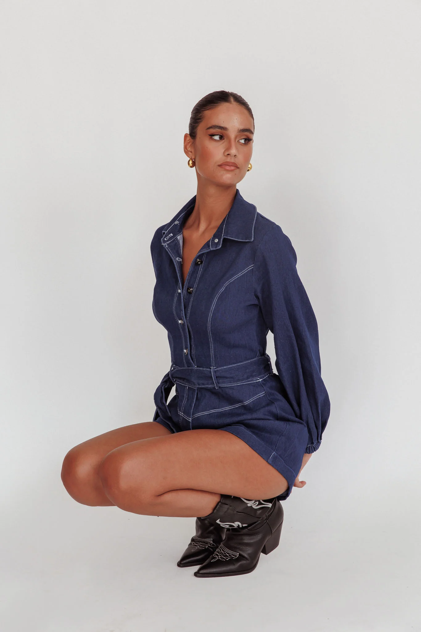 New Day Long Sleeve Button-Up Romper Indigo - Image 2