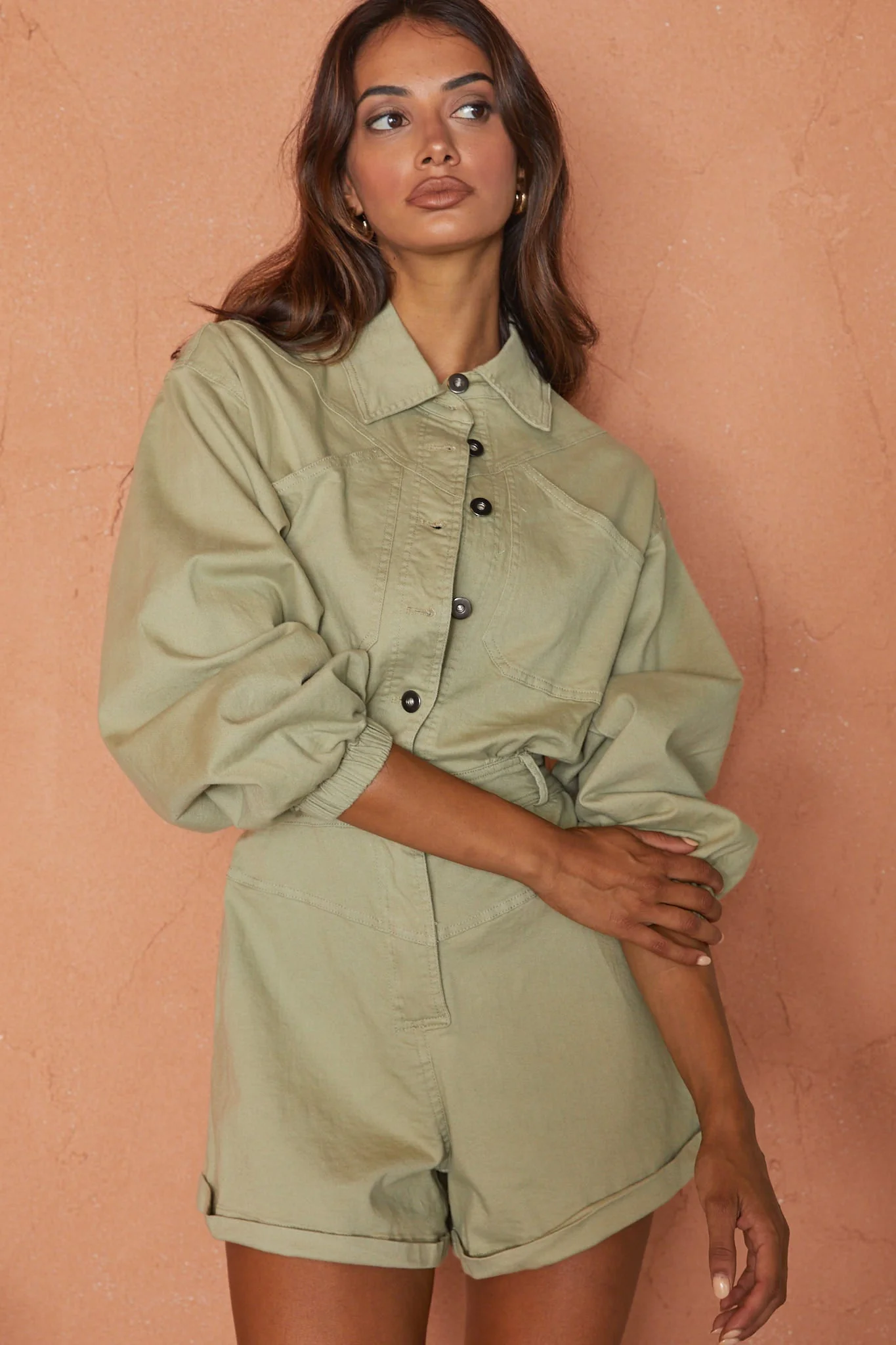 New Day Long Sleeve Button-Up Romper Sage - Image 5