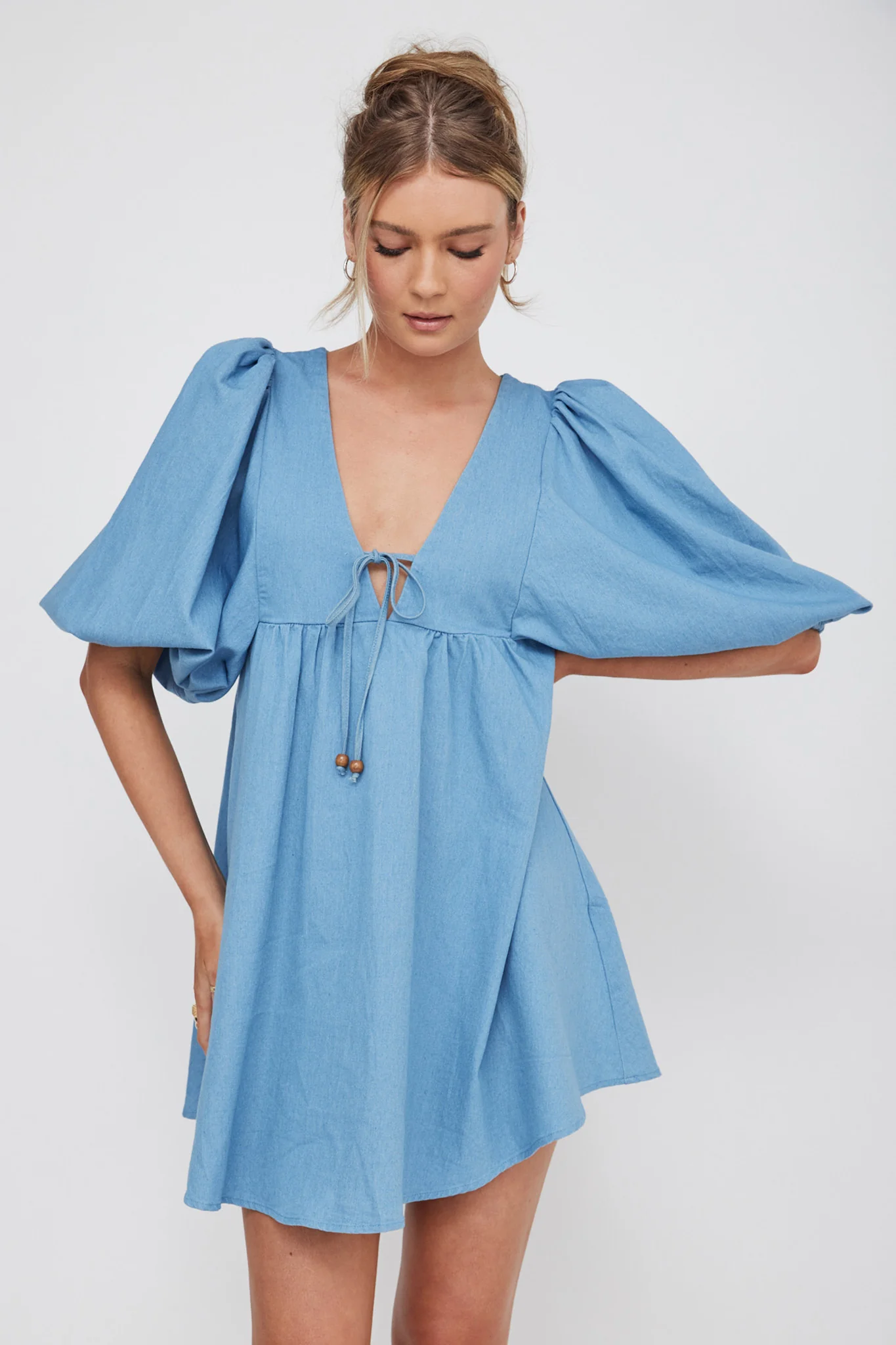 New Haven Puff Sleeve Swing Dress Denim - Image 3