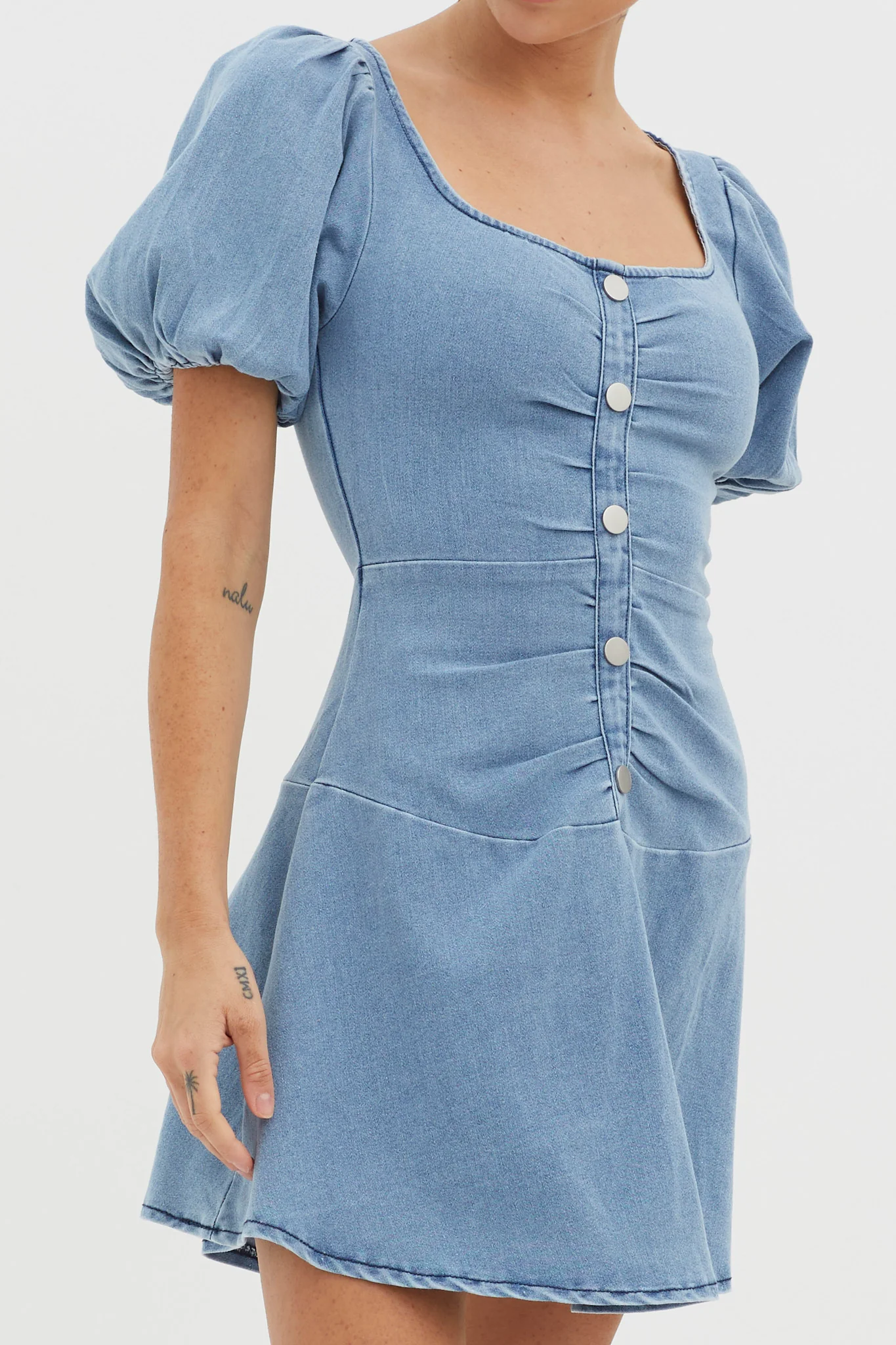 New Heights Puff Sleeve Mini Dress Denim Blue - Image 4