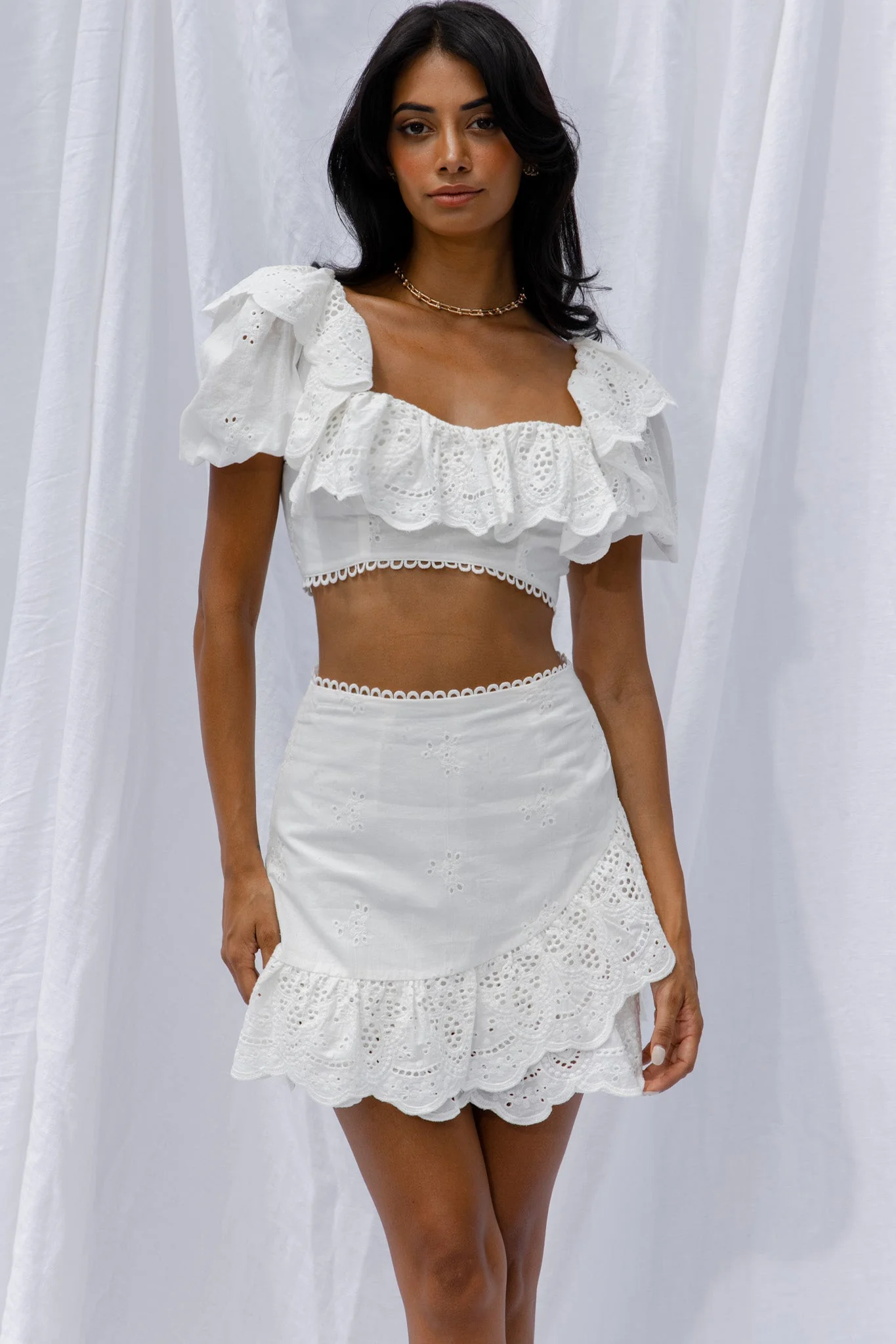 New Moon Scalloped Ruffle Trim Eyelet Skirt White - Image 6