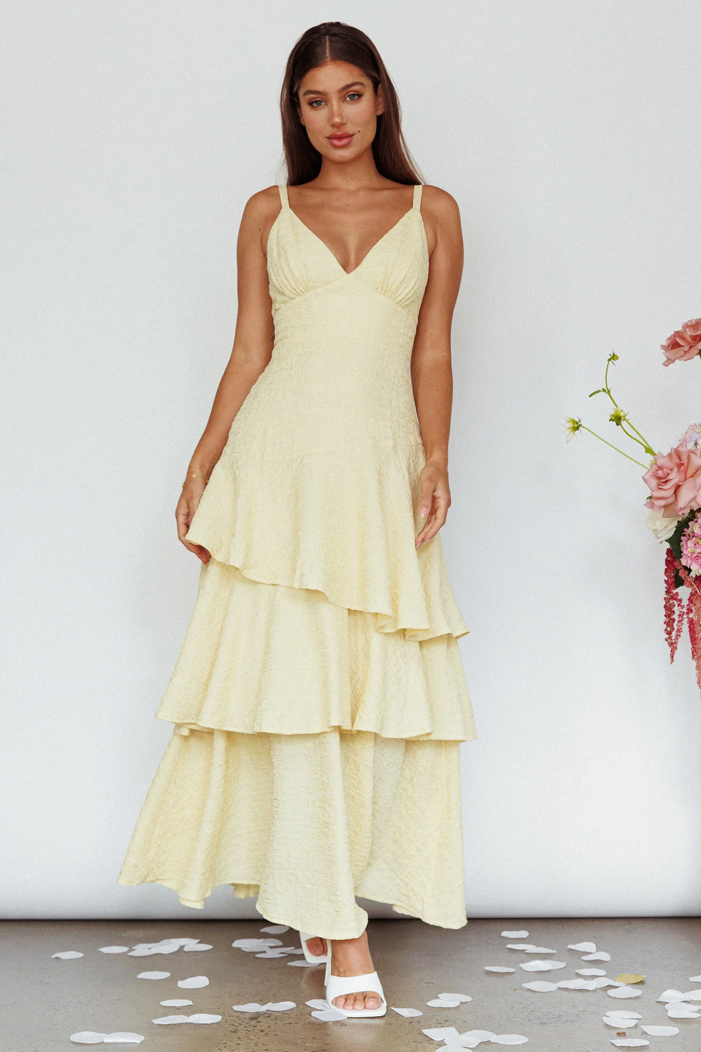 New Vibes Layered Hem Maxi Dress Lemon - Image 3