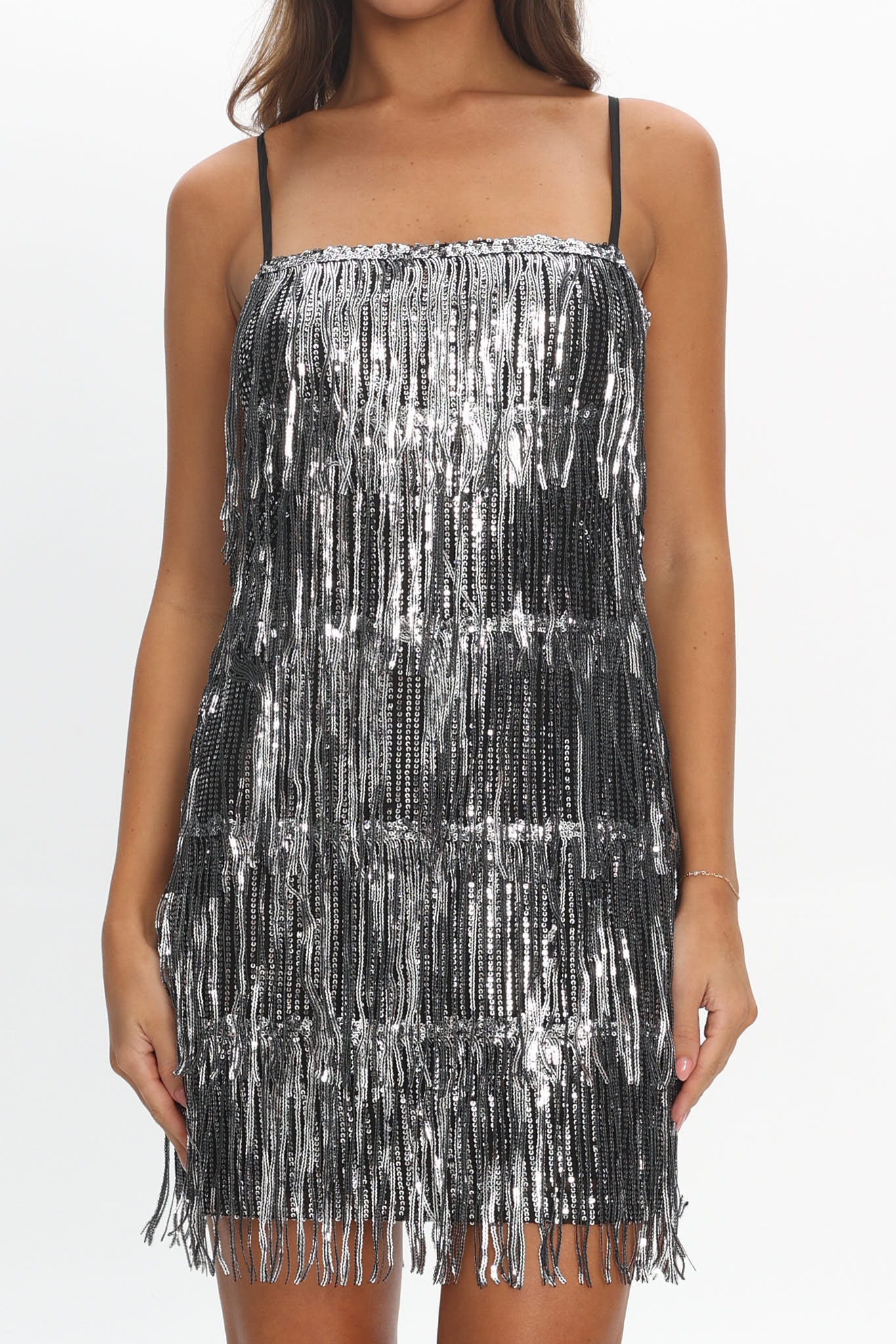 New York Nights Sequin Fringe Mini Dress Black - Image 4