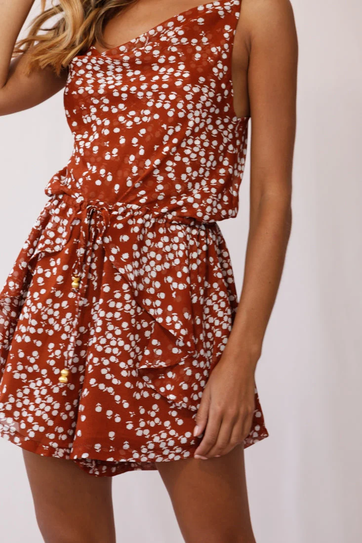 Newport Cowl Neck Drawstring Waist Floral Print Romper Rust - Image 4