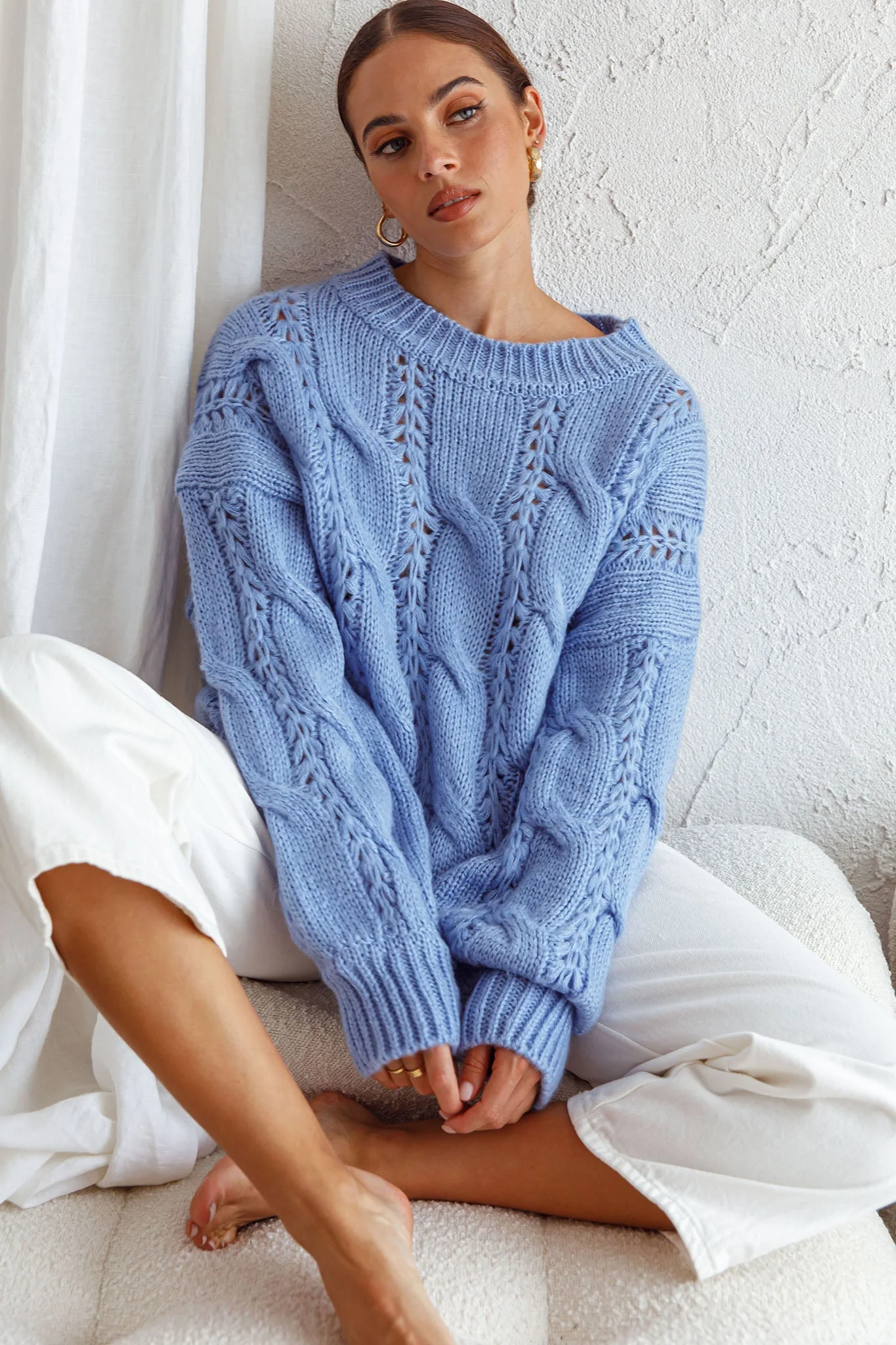 Nicola Long Sleeve Chunky Cable Knit Sweater Blue - Image 12