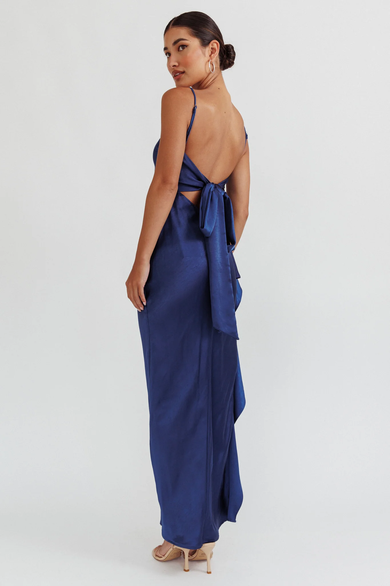 Night Swim Satin Leg Slit Maxi Dress Navy - Image 2