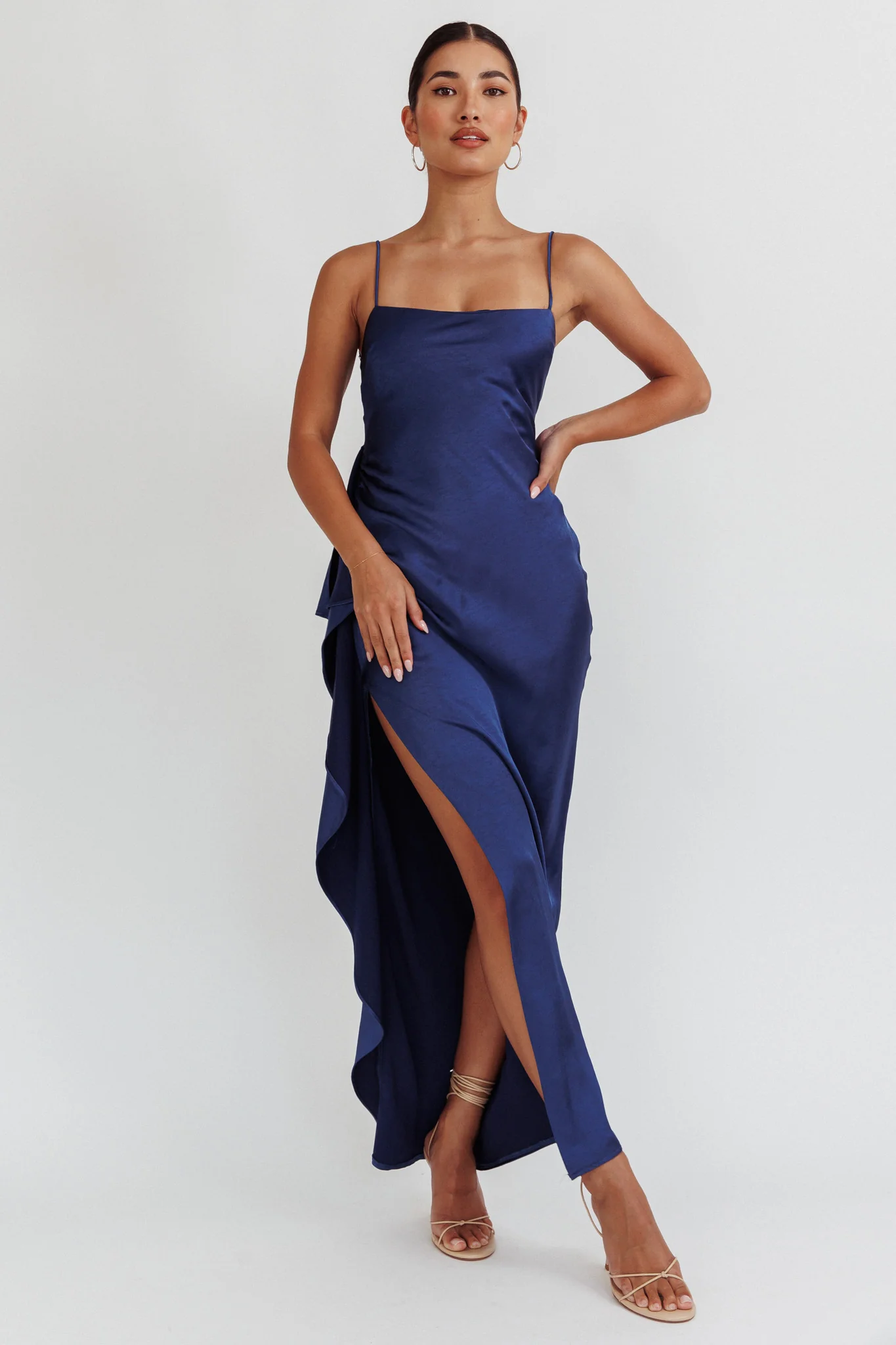 Night Swim Satin Leg Slit Maxi Dress Navy - Image 3