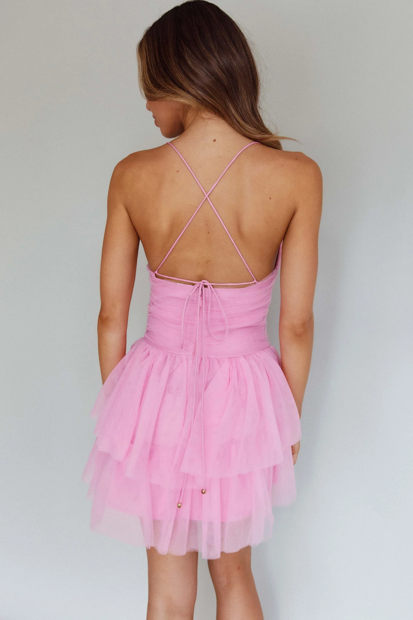Nightingale Ruched Mesh Mini Dress Barbie Pink - Image 2