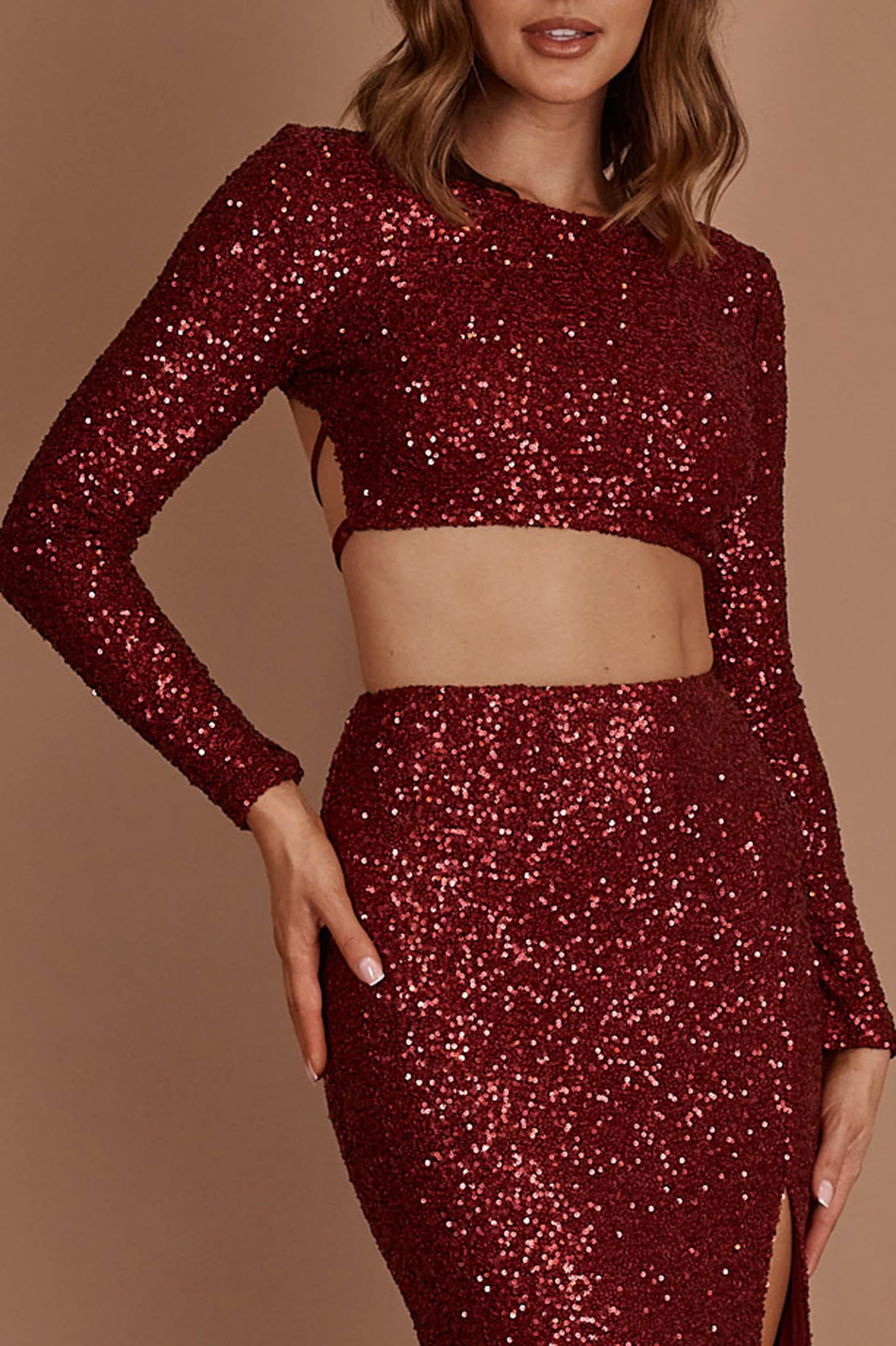 Nights In Monaco Sequin Crop Top Burgundy - Image 4