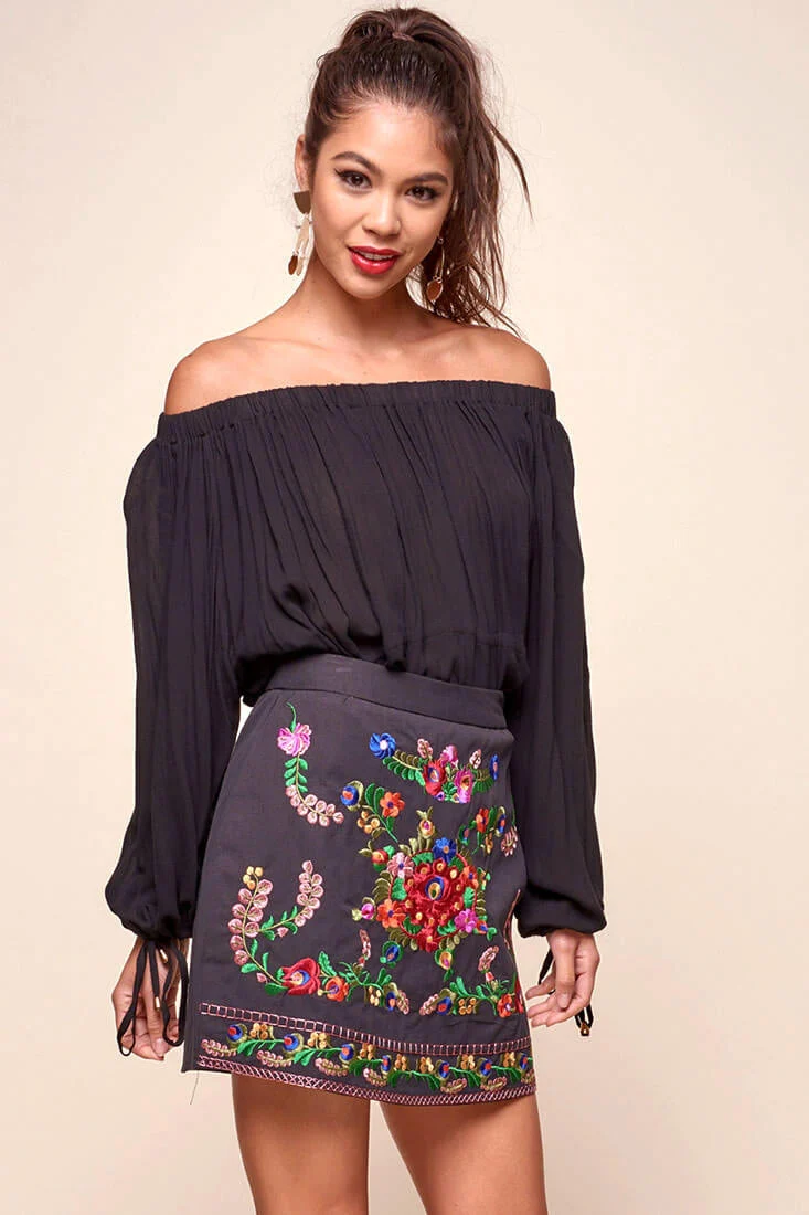 Nina San Lucas Floral Embroidered Mini Skirt Black - Image 3