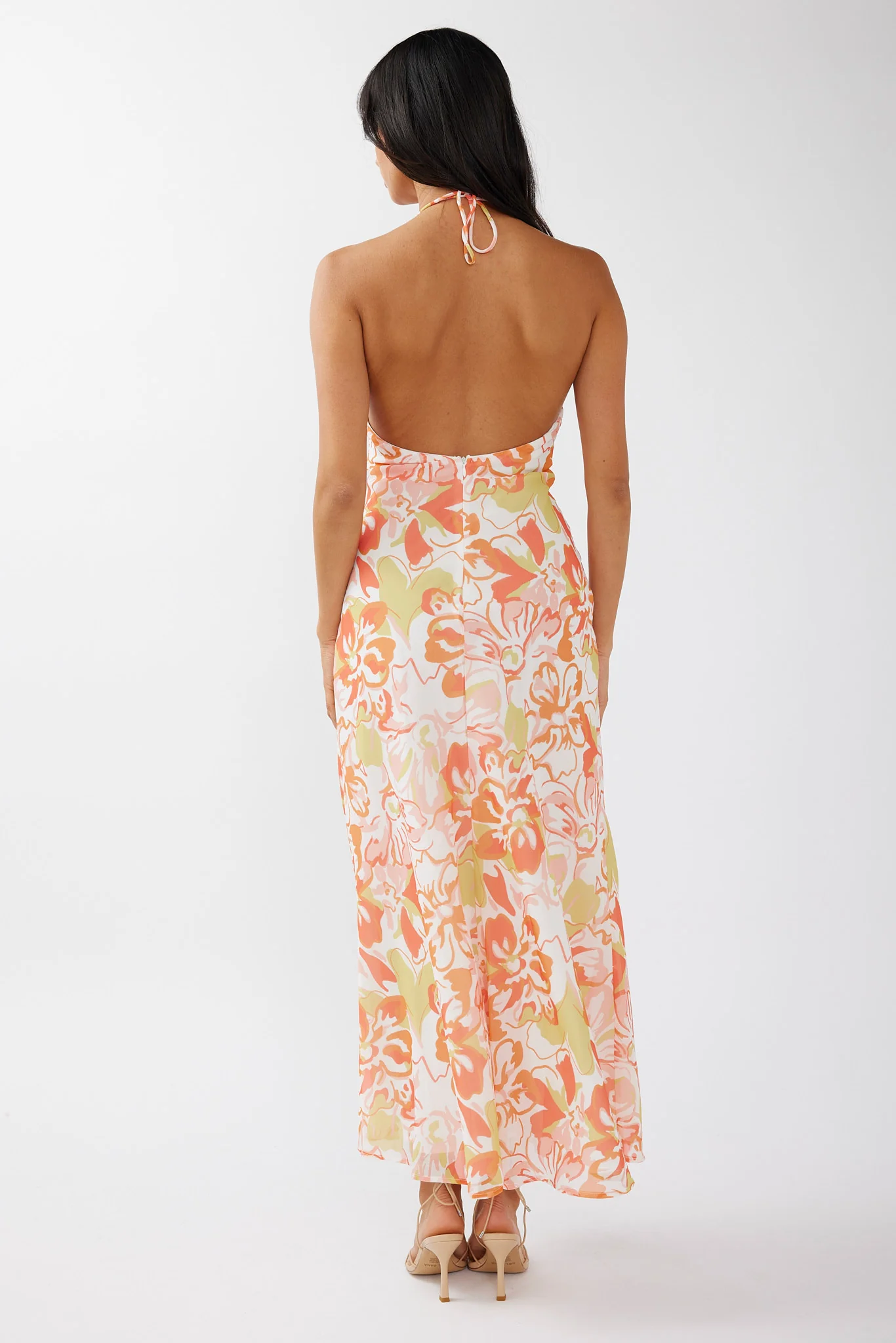 Nirvana Halterneck Split Midi Dress Floral Orange - Image 2