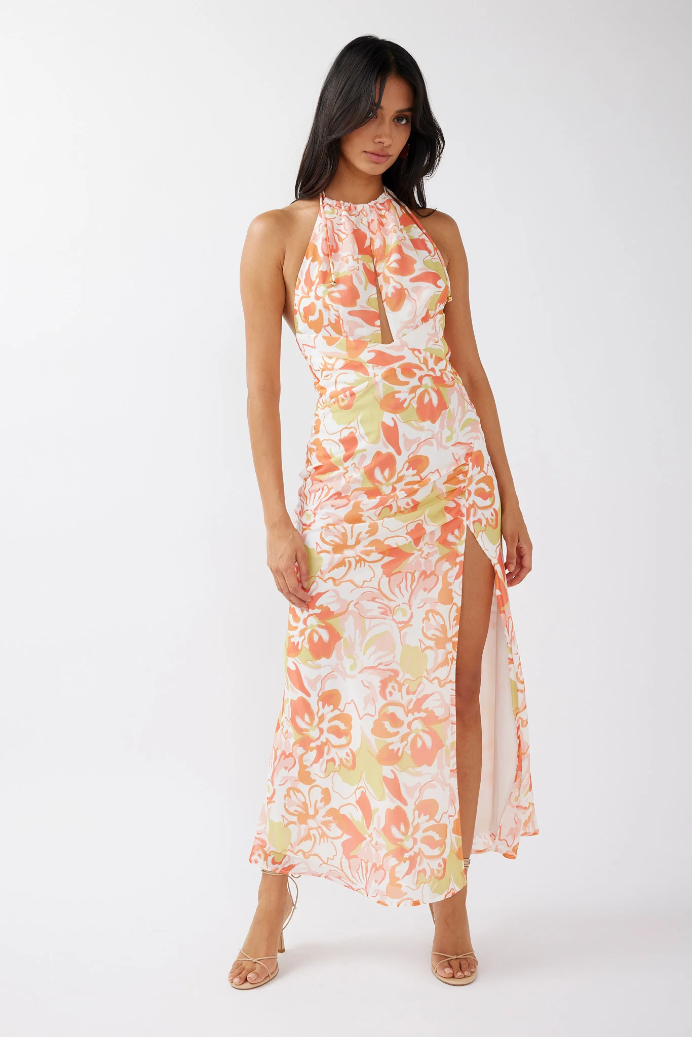 Nirvana Halterneck Split Midi Dress Floral Orange - Image 3