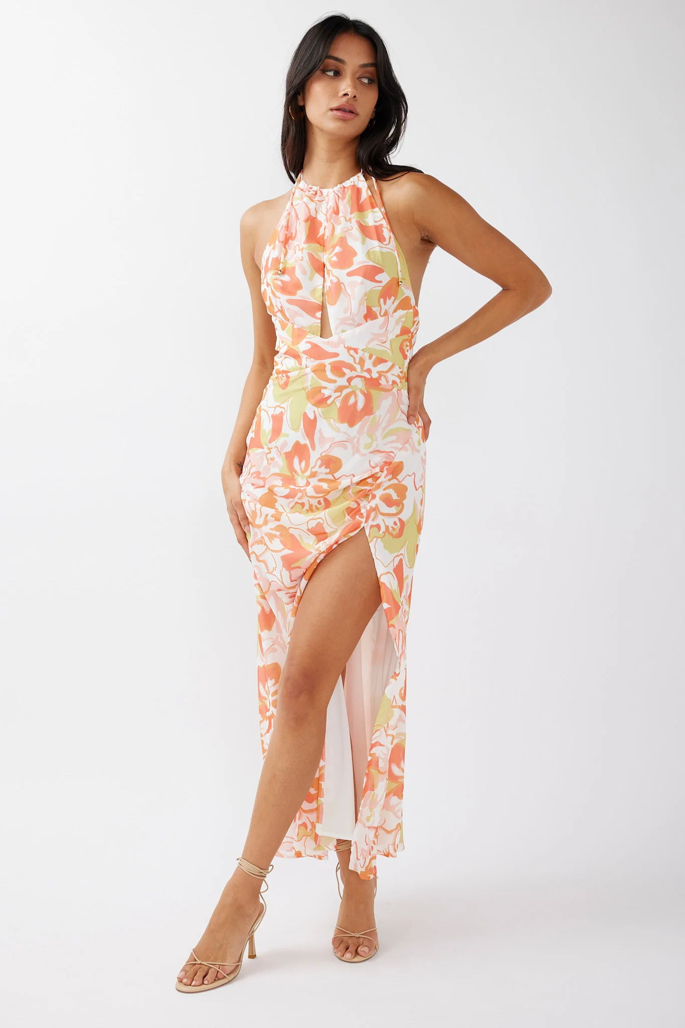 Nirvana Halterneck Split Midi Dress Floral Orange - Image 5