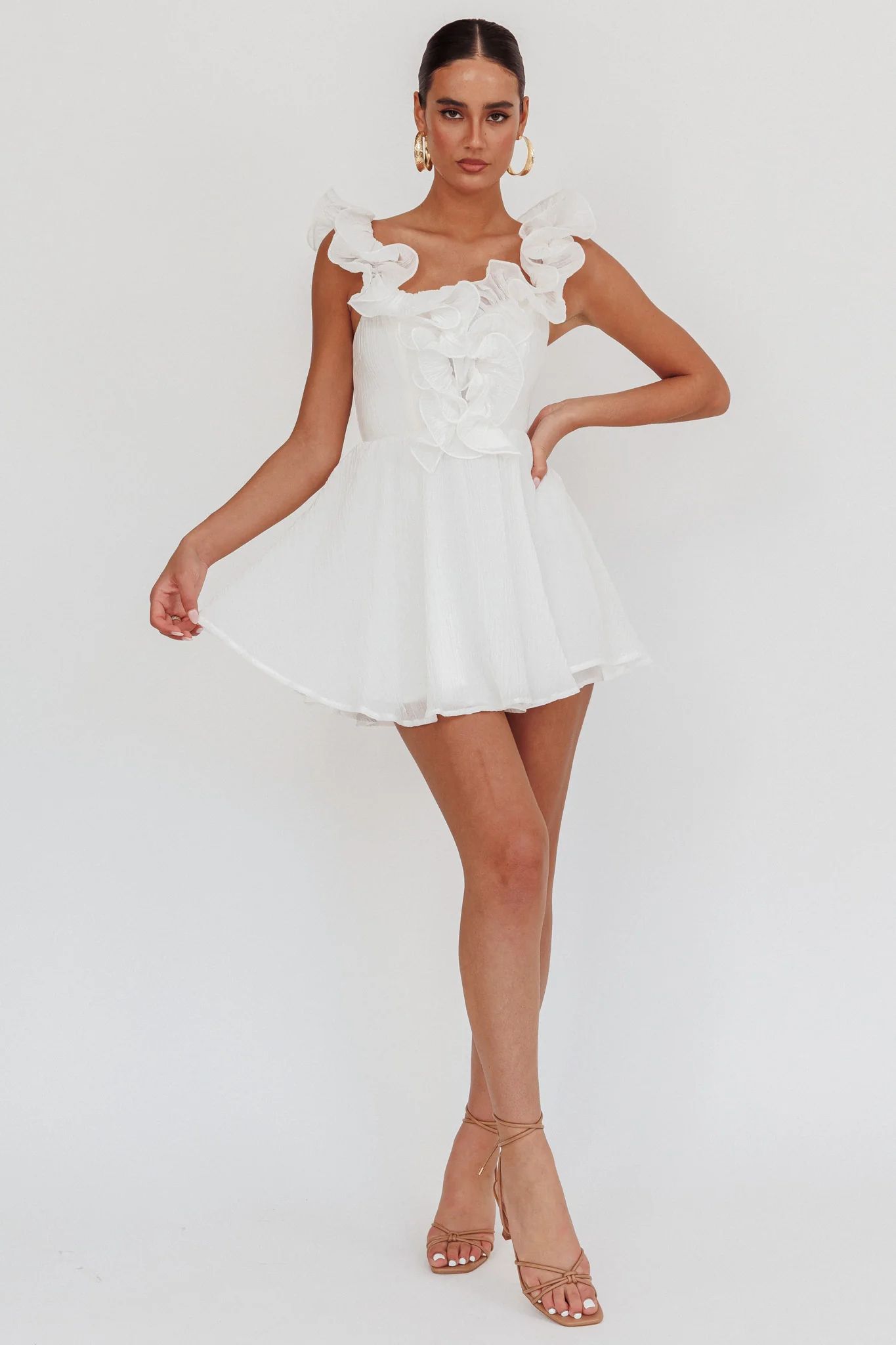 Nivaya Ruffle Neckline Mini Dress White - Image 4