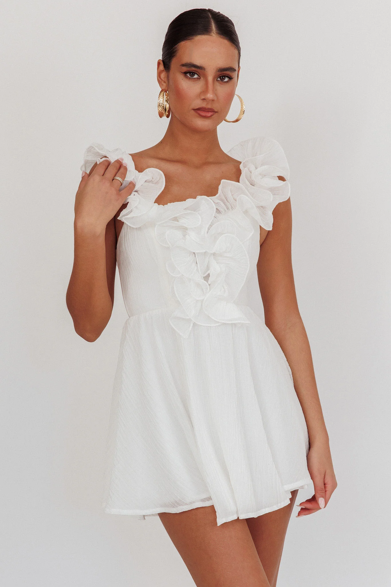 Nivaya Ruffle Neckline Mini Dress White - Image 5
