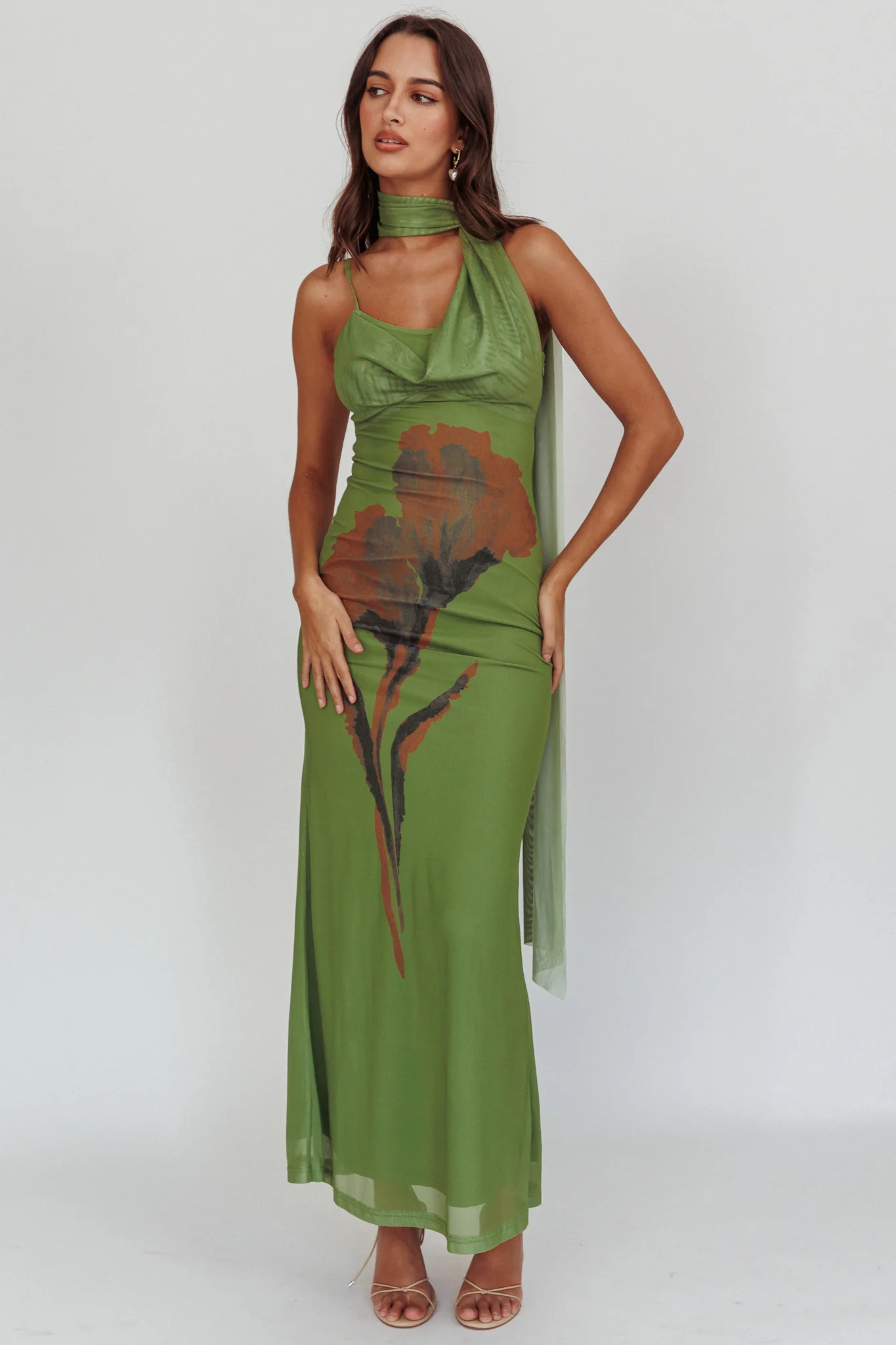 No Surprises Scarfed Floral Maxi Dress Green - Image 4