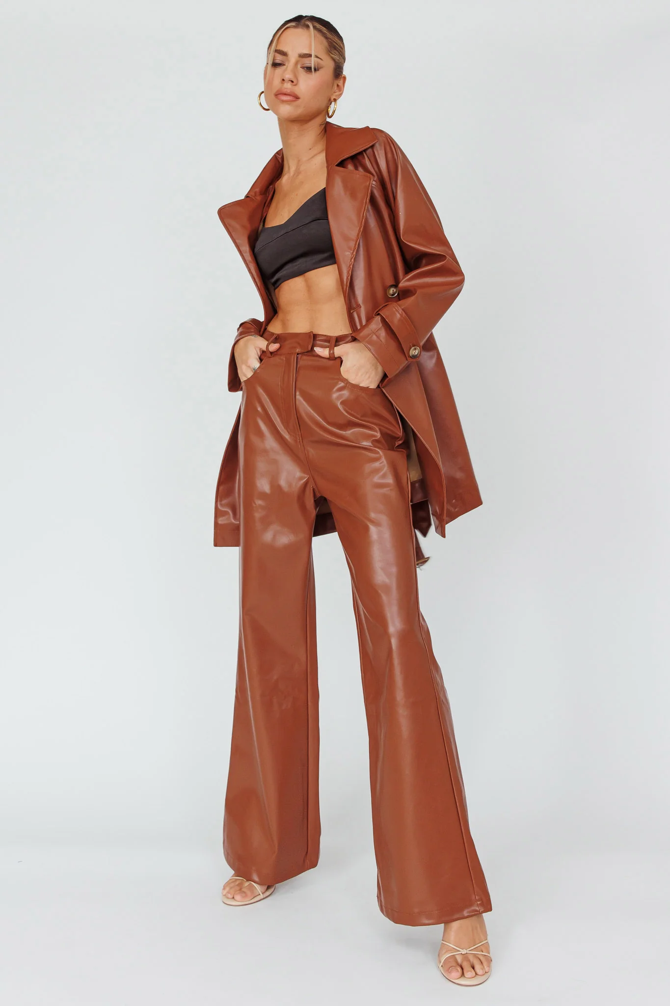 Noa Faux Leather Belted Jacket Terracotta - Image 3