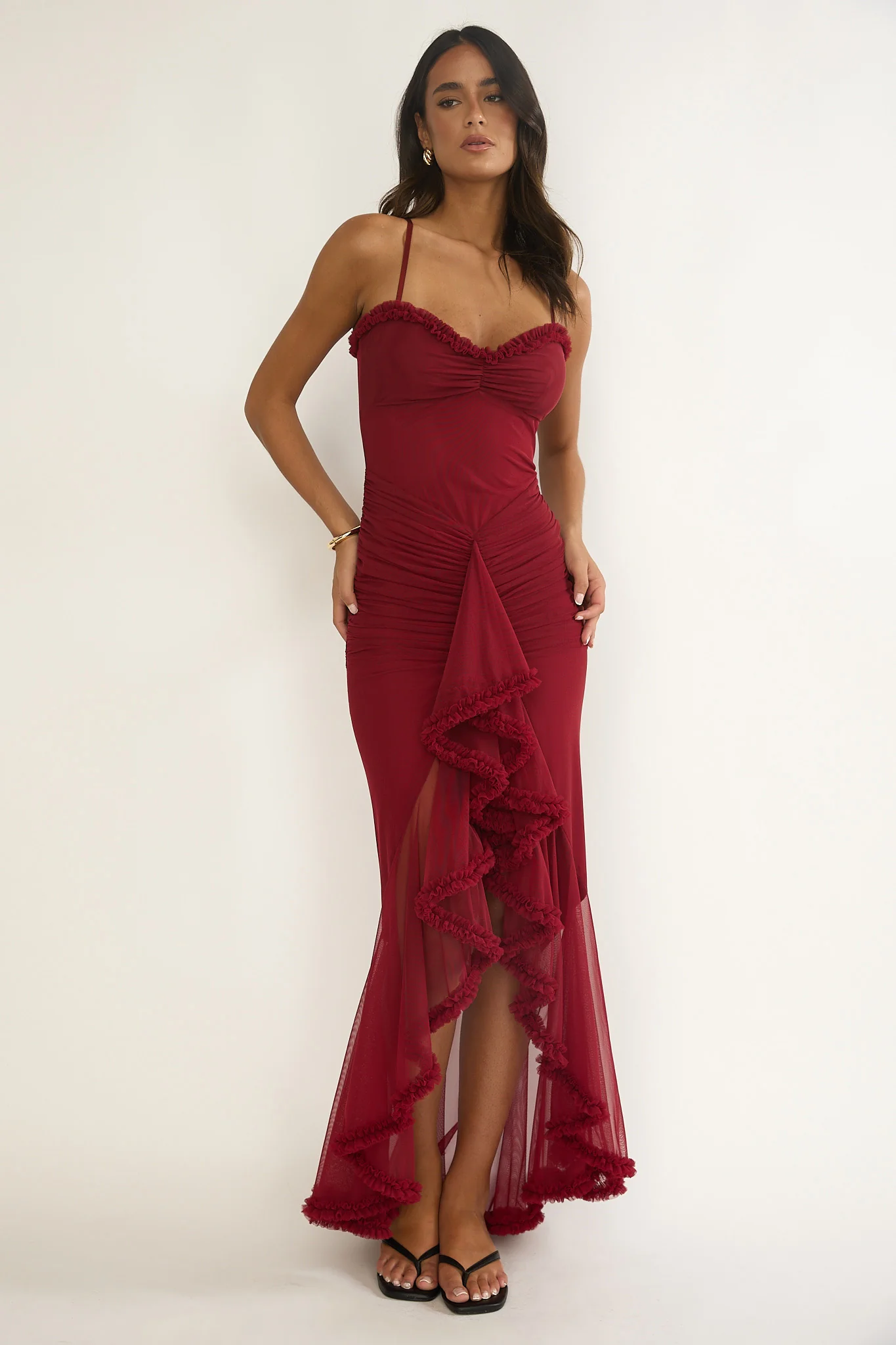 Noelia Gathered Waist Frill Trim Maxi Dress Wine - Image 4