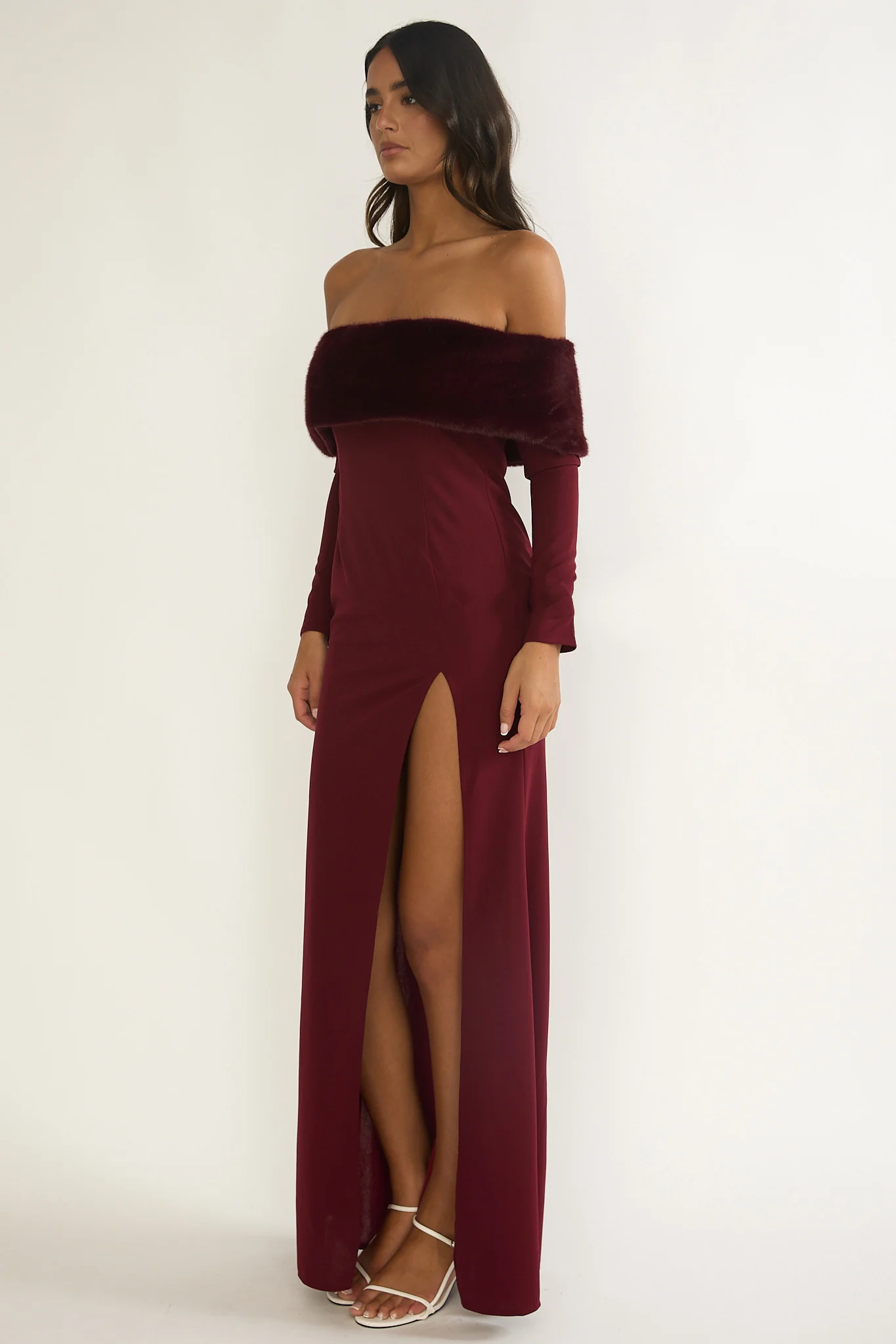 Noella Off-Shoulder Fur Trim Maxi Dress Wine - Image 6
