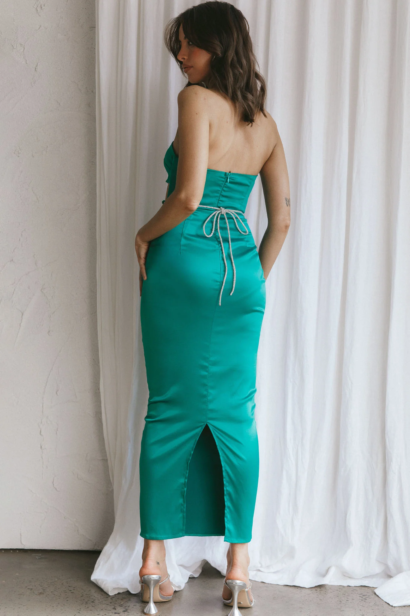 Nohemi Strapless Diamante Maxi Dress Green - Image 2