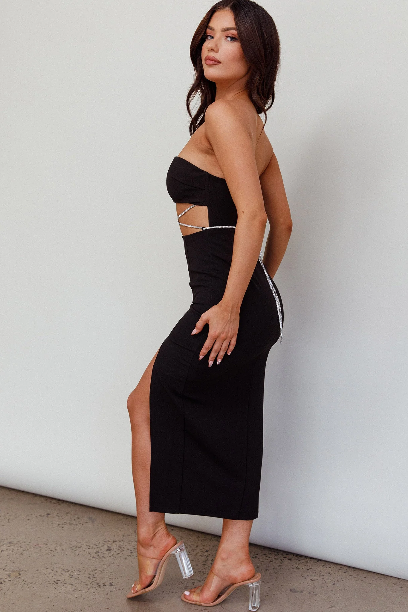 Nohemi Strapless Diamante Midi Dress Black - Image 6