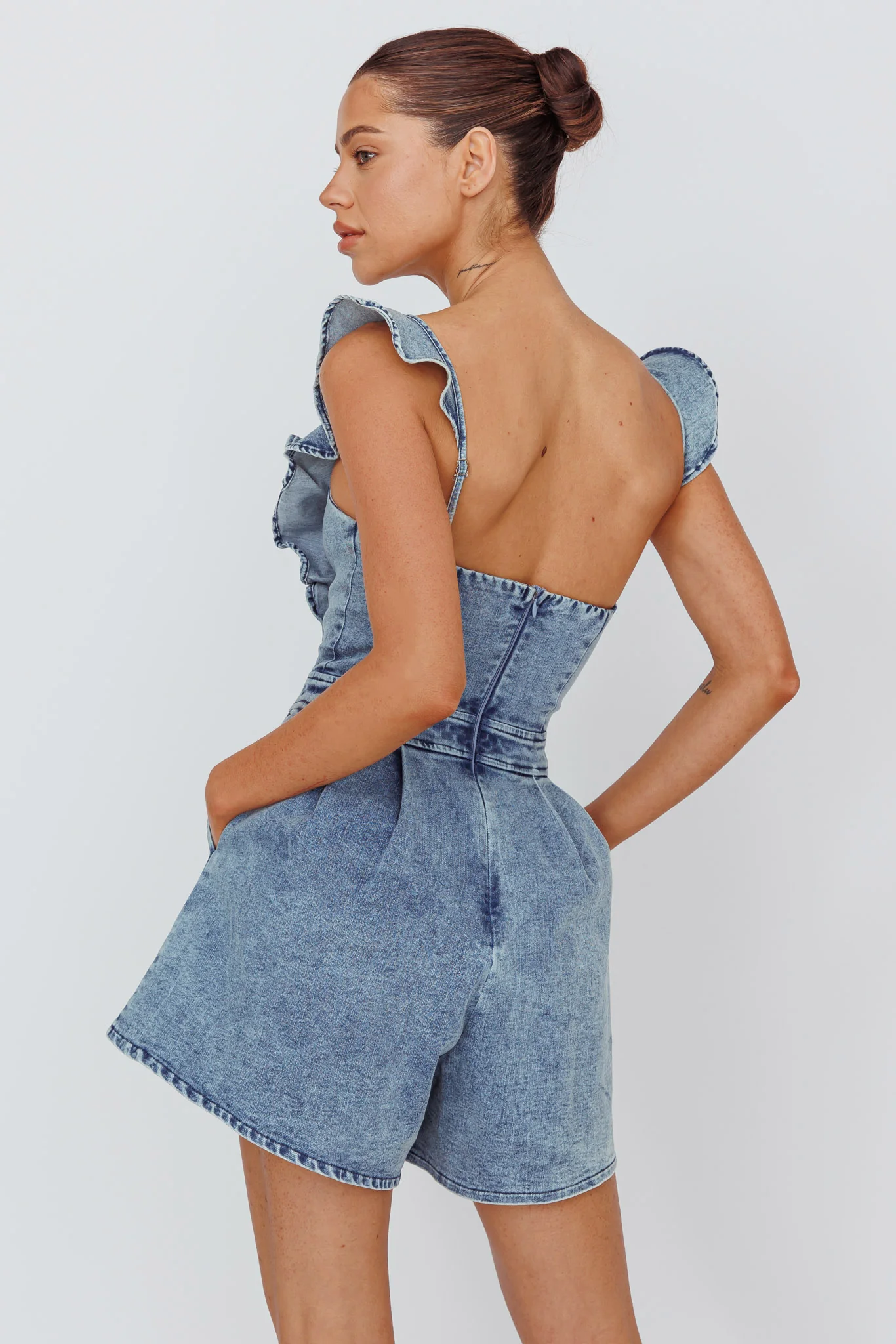 Nola Flared Ruffle Romper Denim - Image 2