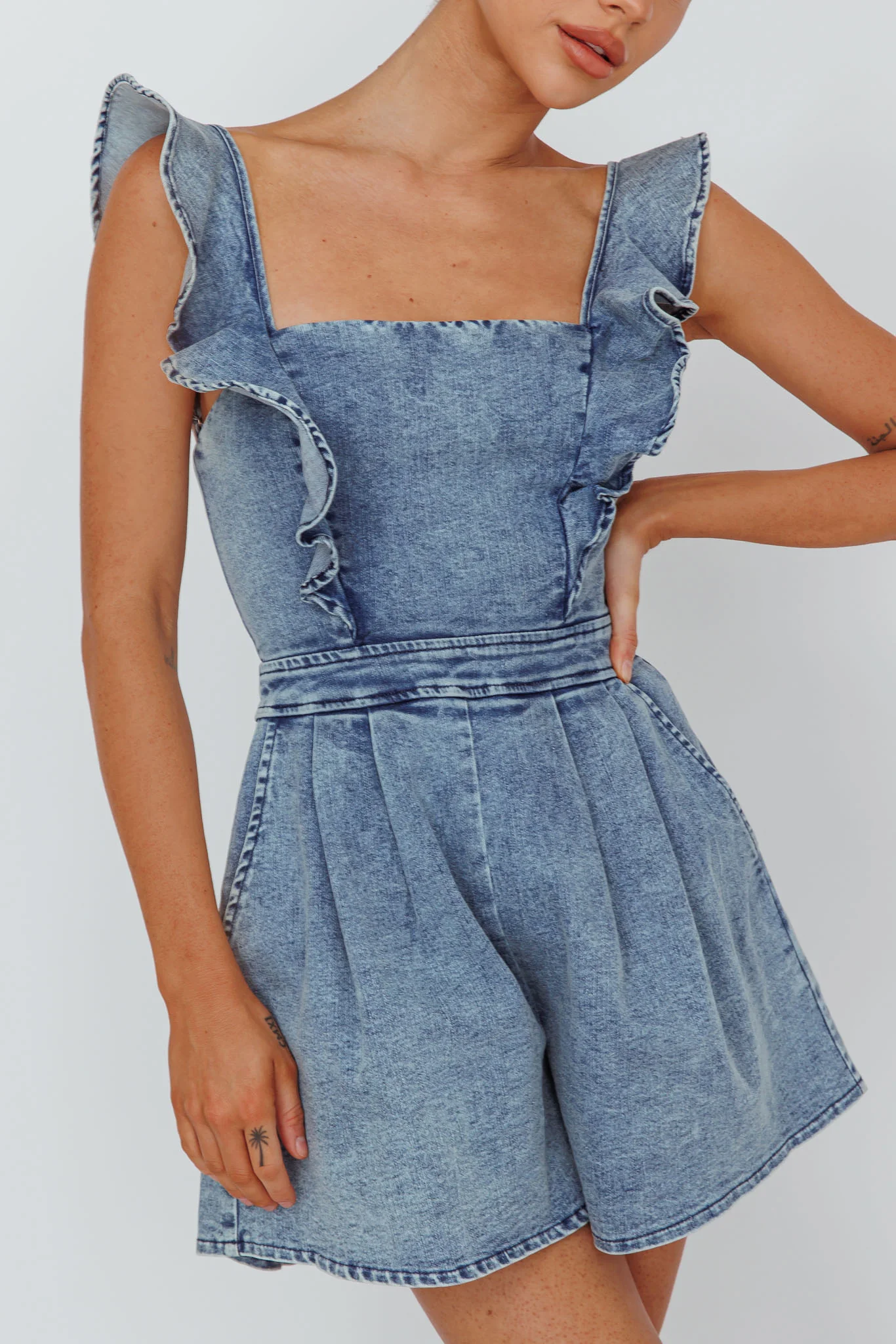 Nola Flared Ruffle Romper Denim - Image 4