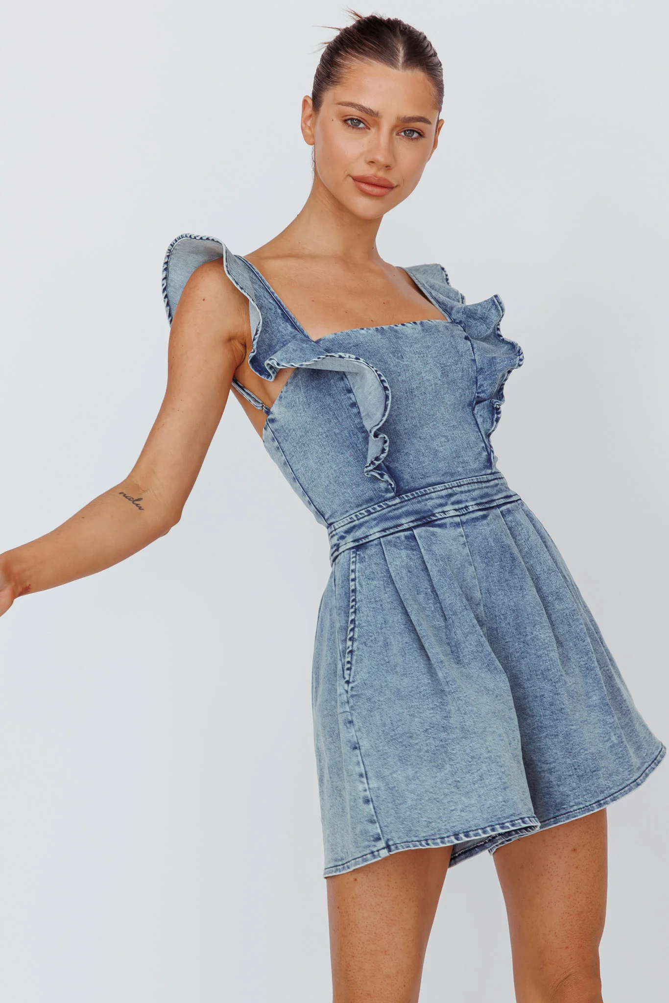 Nola Flared Ruffle Romper Denim - Image 5