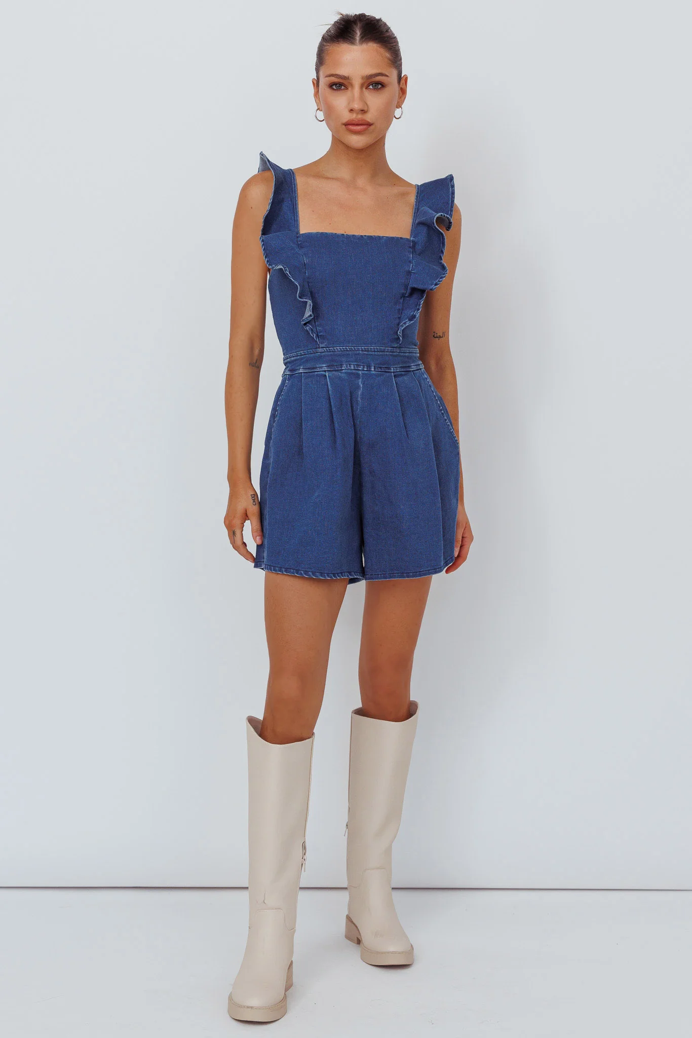 Nola Flared Ruffle Romper Light Denim - Image 3
