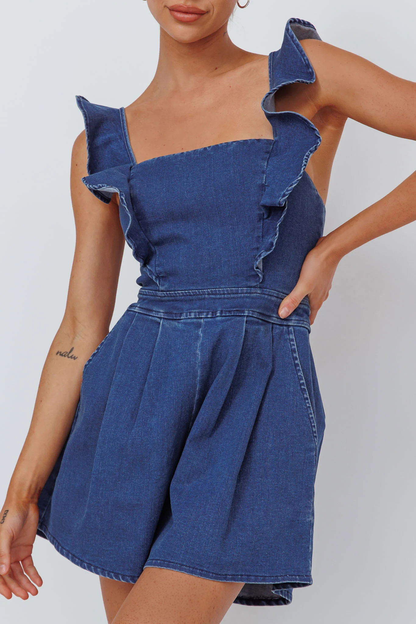 Nola Flared Ruffle Romper Light Denim - Image 4