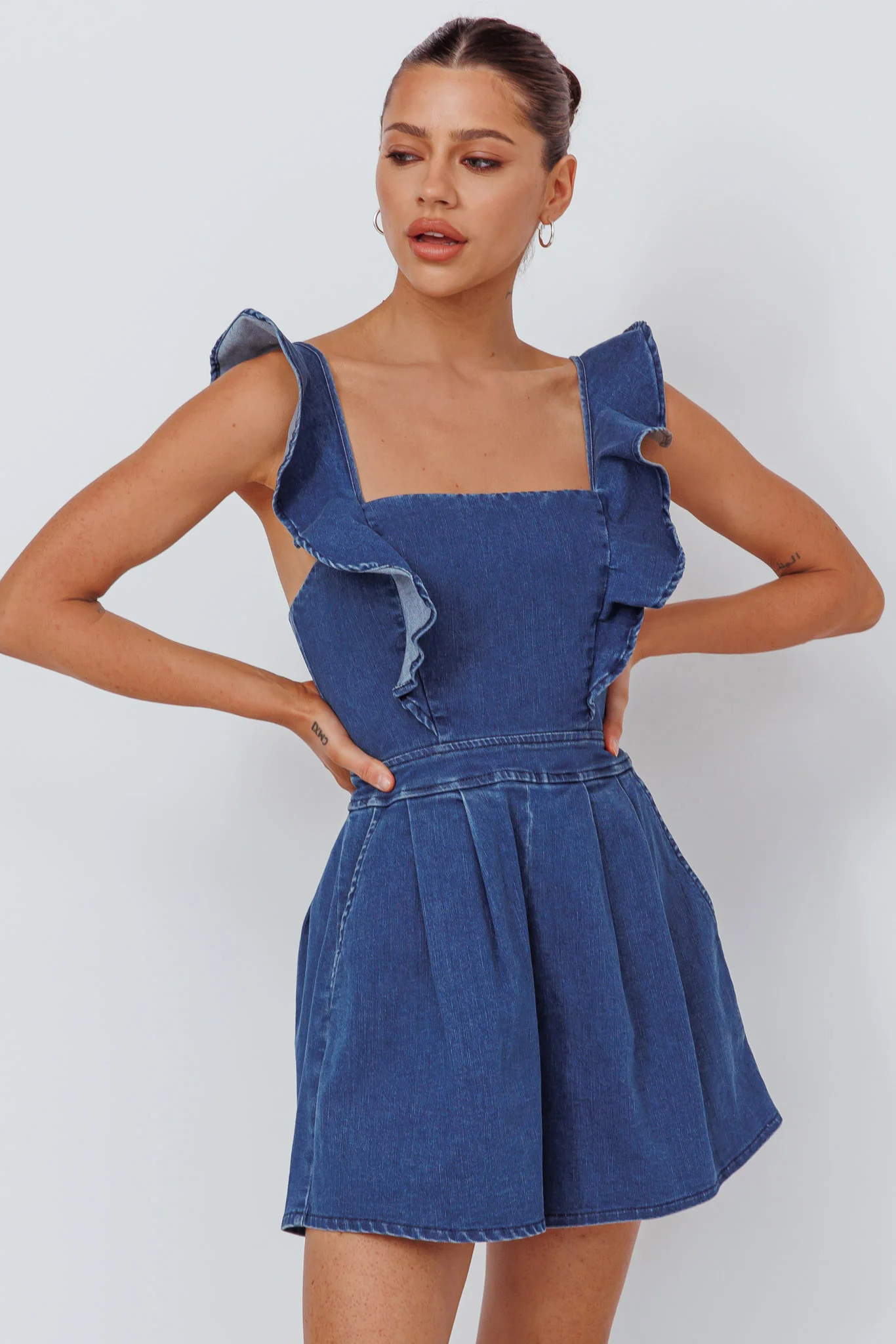 Nola Flared Ruffle Romper Light Denim - Image 5