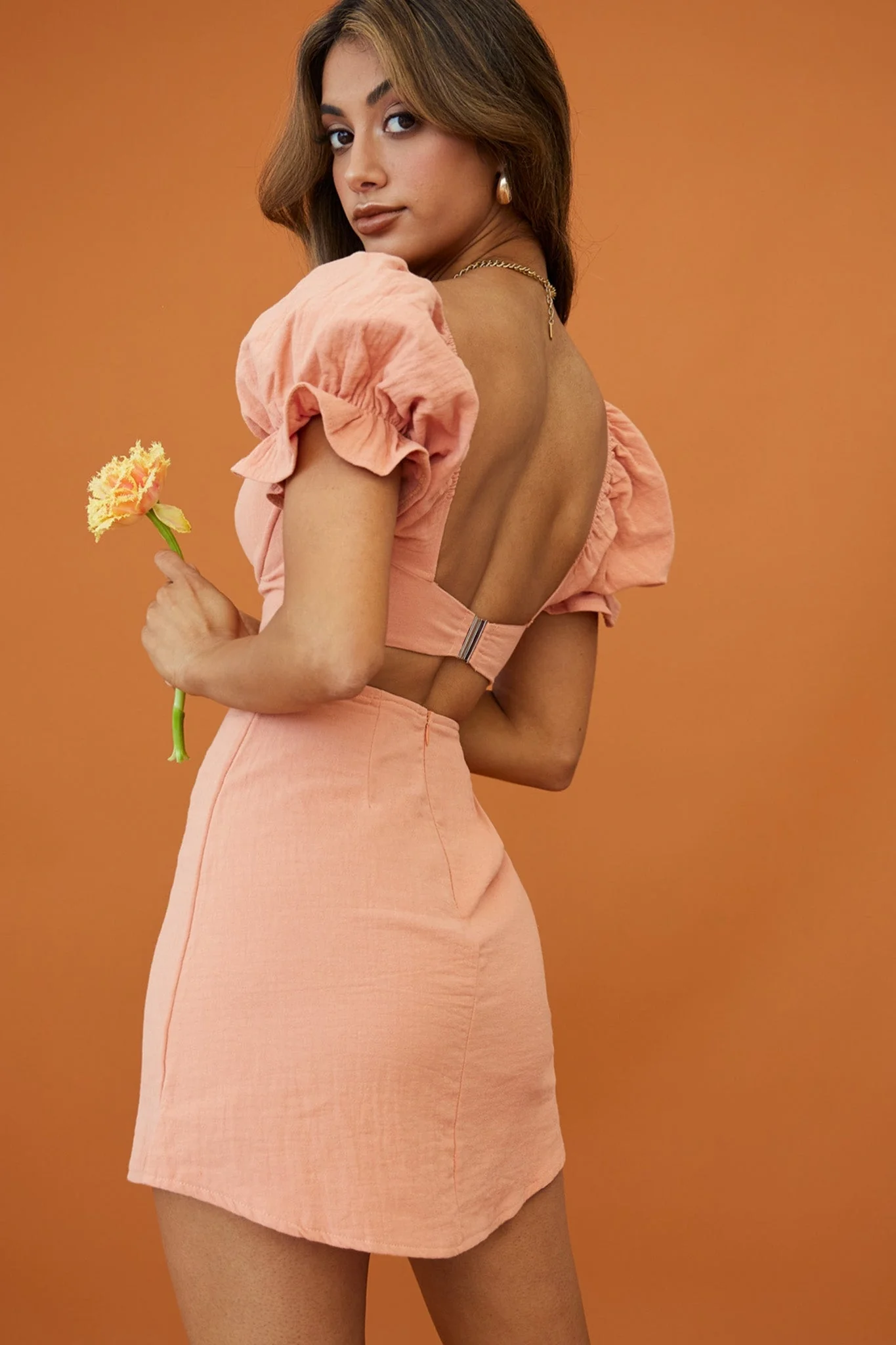 Norma Jean Puff Sleeve Piping Trim Mini Dress Apricot - Image 3
