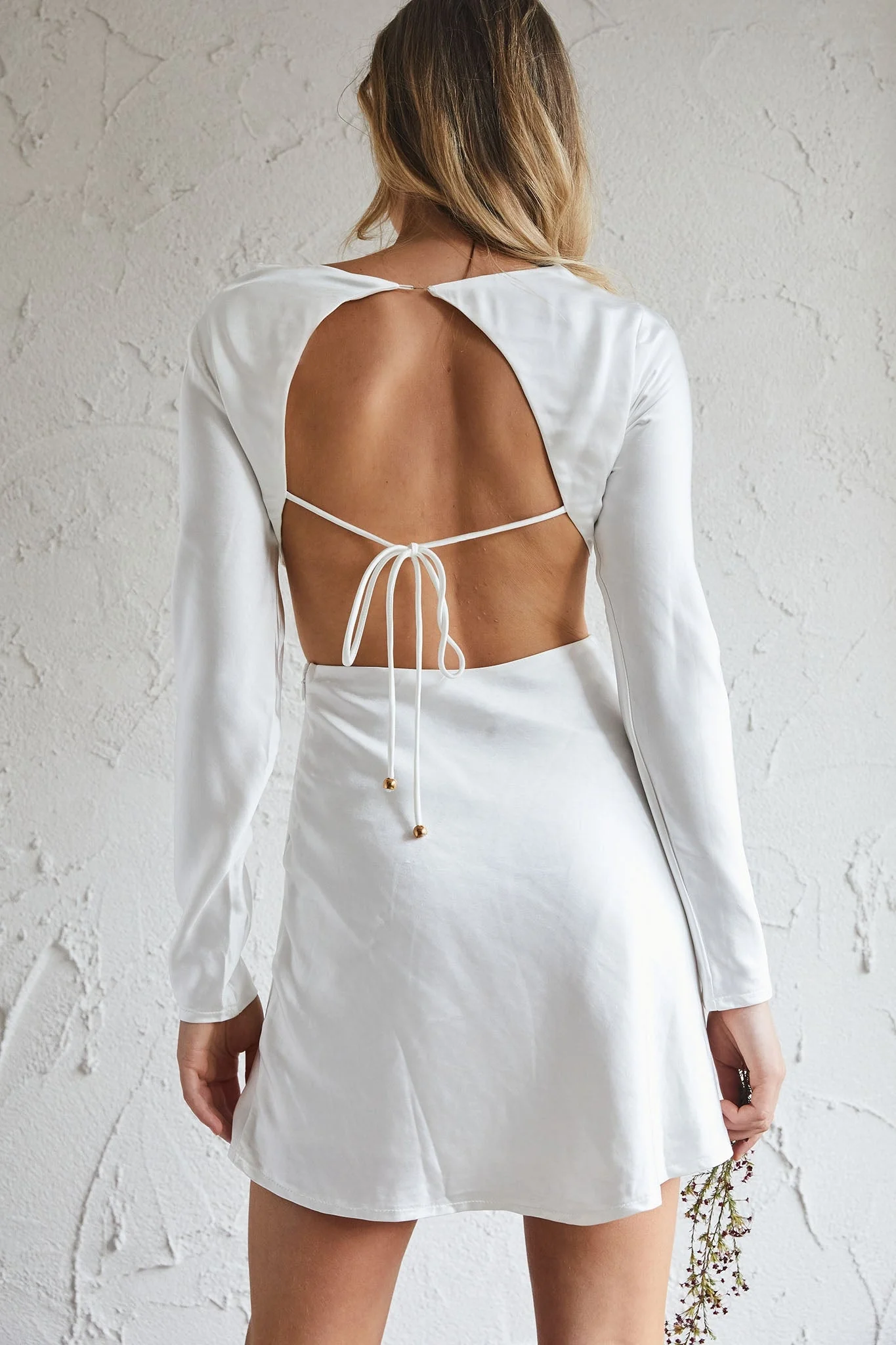 Northern Lights Long Sleeve Open Back Satin Mini Dress Ivory - Image 10