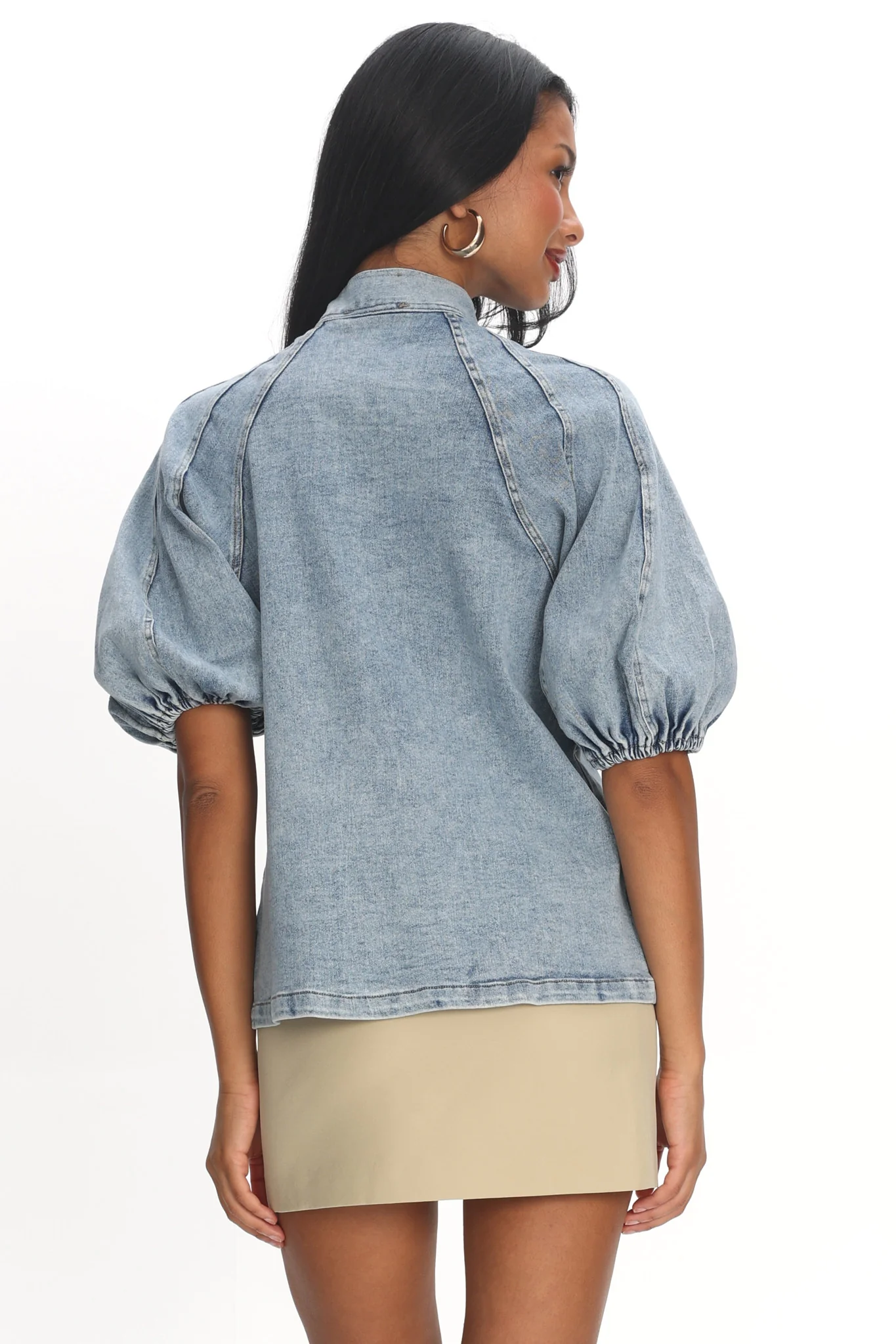 Notice Me Puff Sleeve Neck Bow Top Denim Blue - Image 3