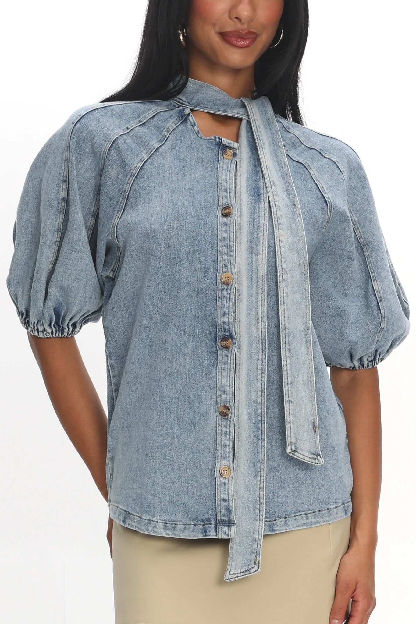 Notice Me Puff Sleeve Neck Bow Top Denim Blue - Image 4