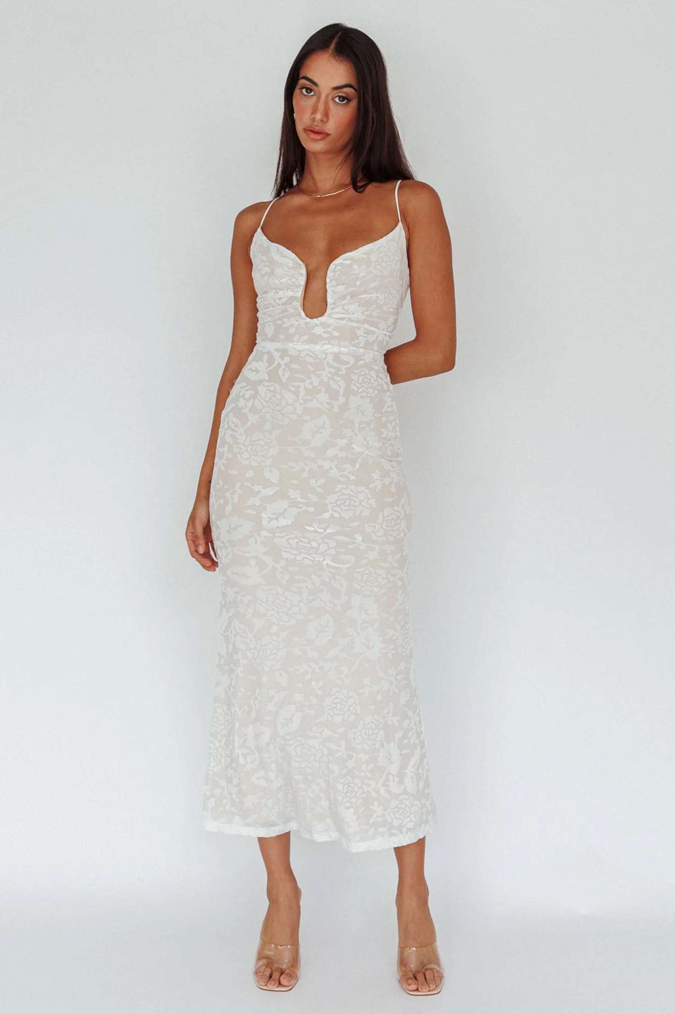 Nouveau U-Neckline Midi Dress Floral White - Image 3