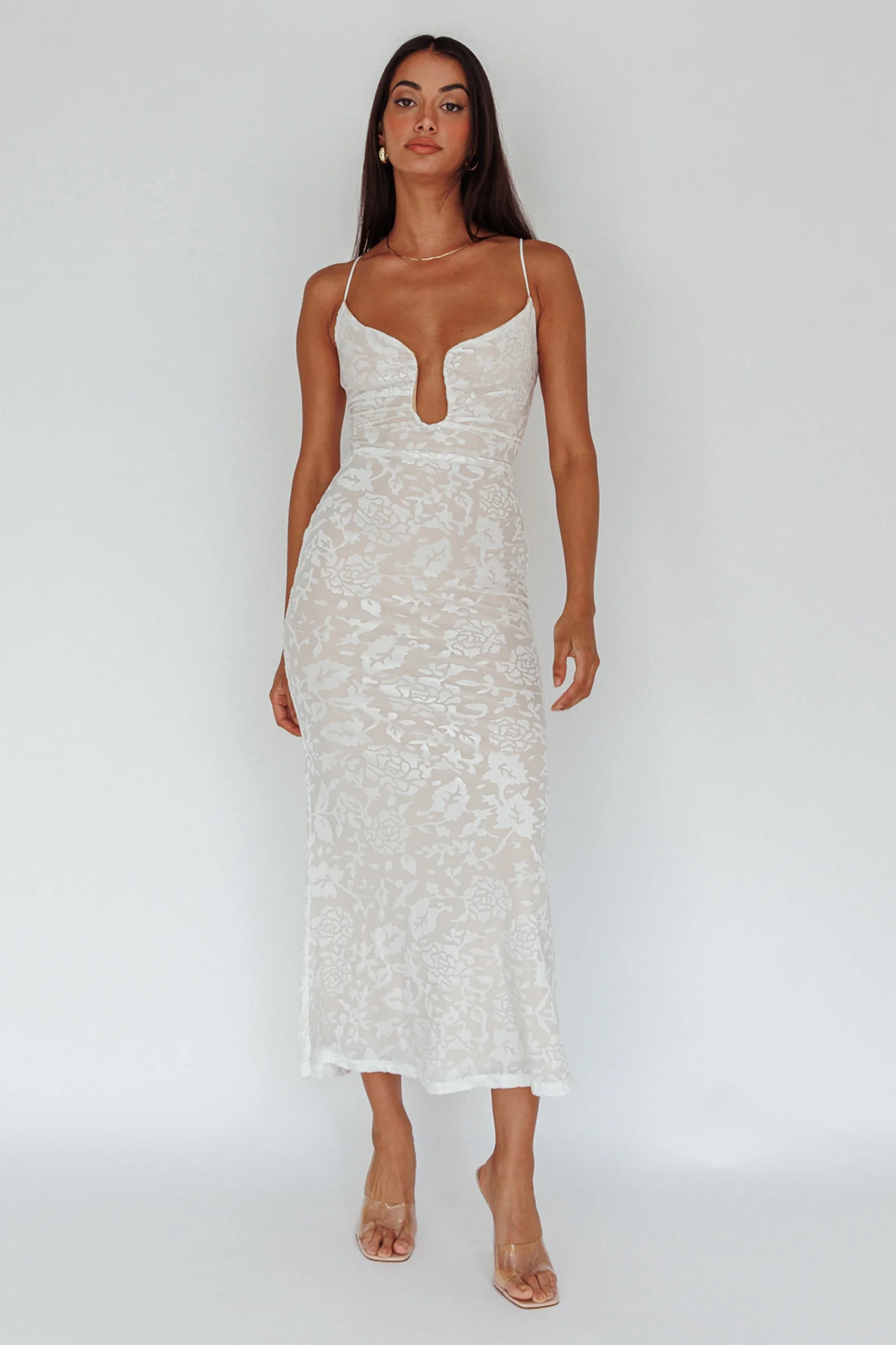 Nouveau U-Neckline Midi Dress Floral White - Image 5