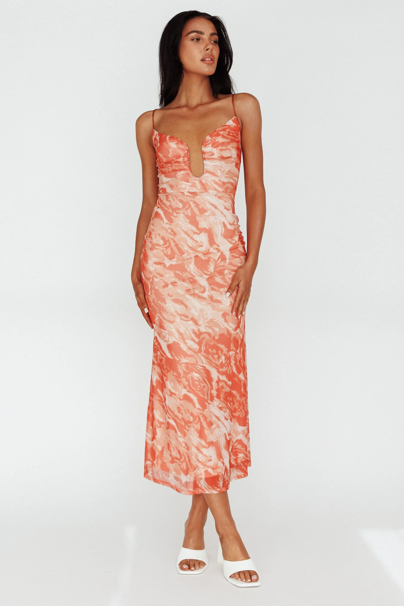 Nouveau U-Neckline Midi Dress Marbled Orange - Image 6