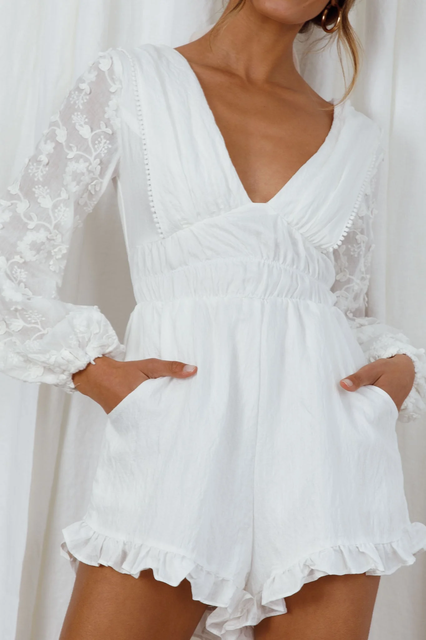 Novella Long Embellished Sleeve Frill Trim Romper White - Image 4
