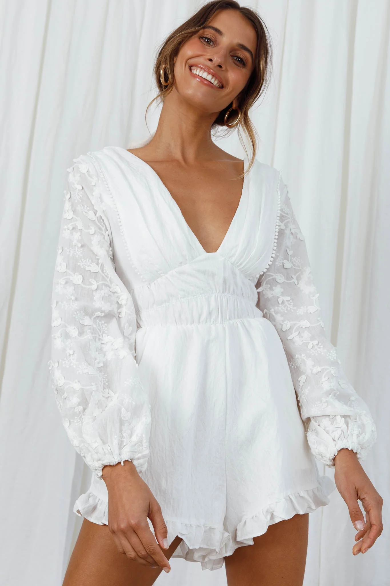 Novella Long Embellished Sleeve Frill Trim Romper White - Image 5