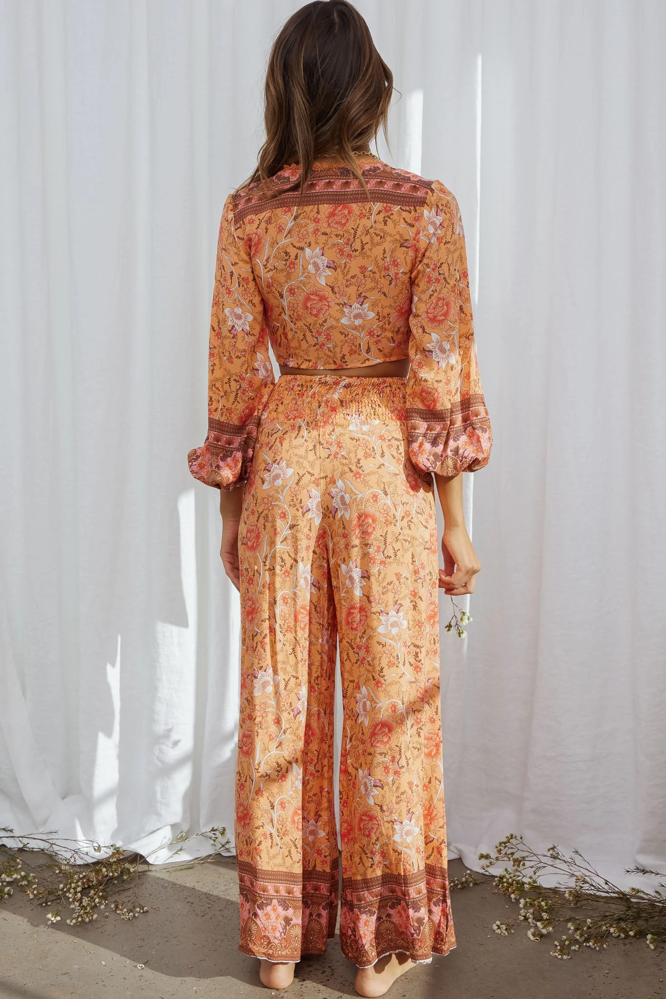 Novo Shirred Waist Long Pants Bohemian Print Orange - Image 2